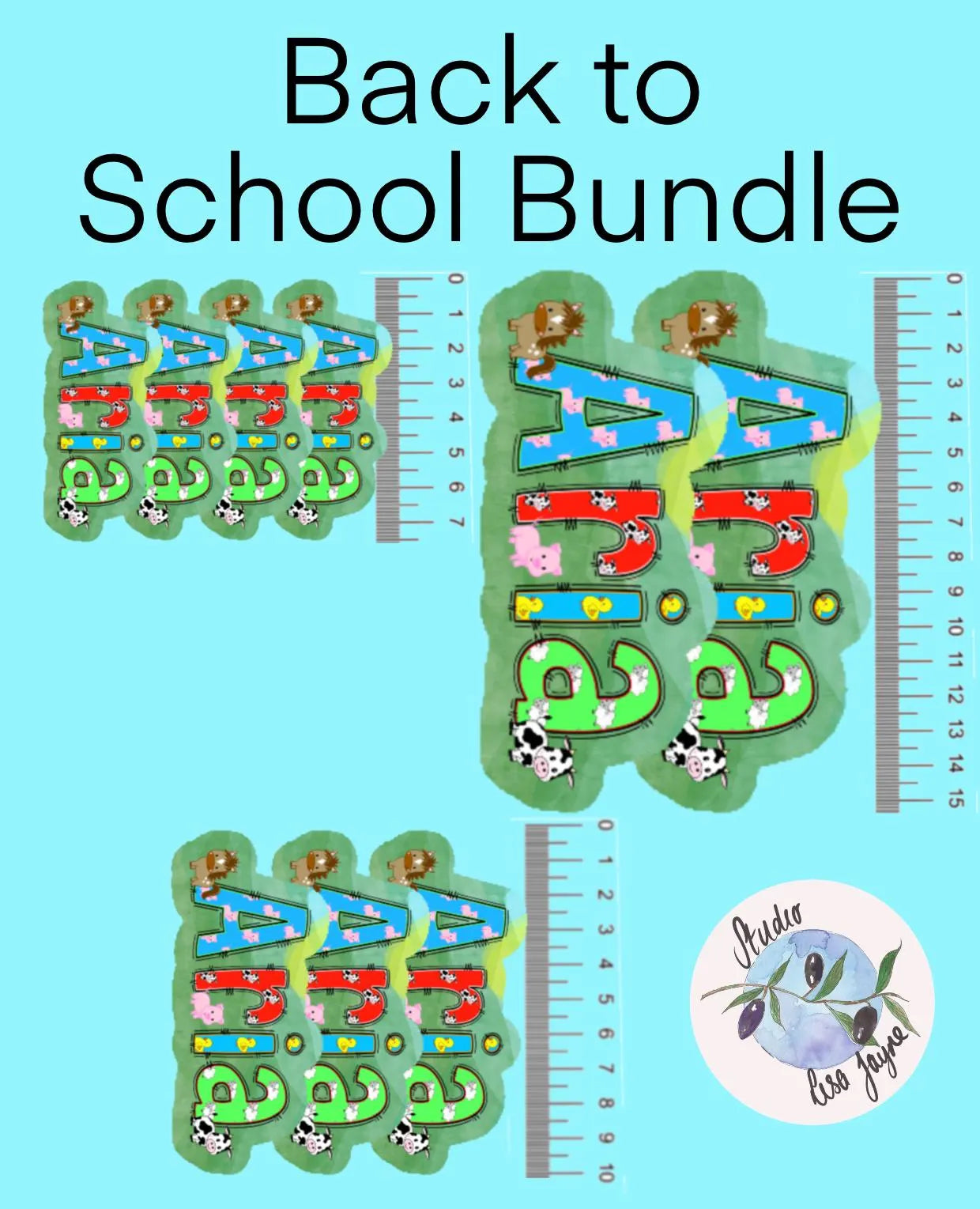 Back to School Bundle with colorful letters and a ruler on a blue background