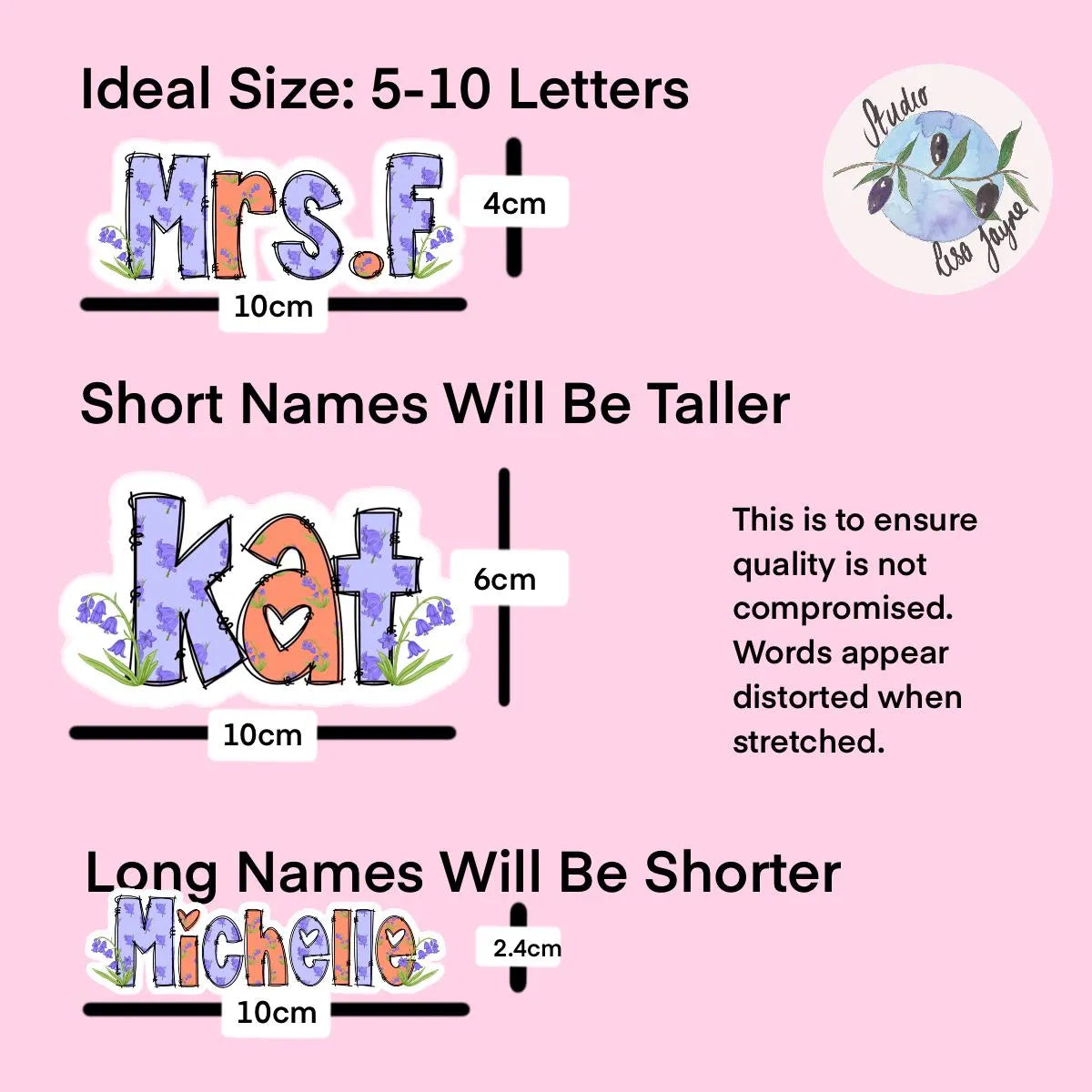 Chart showing ideal size for names with measurements on a pink background