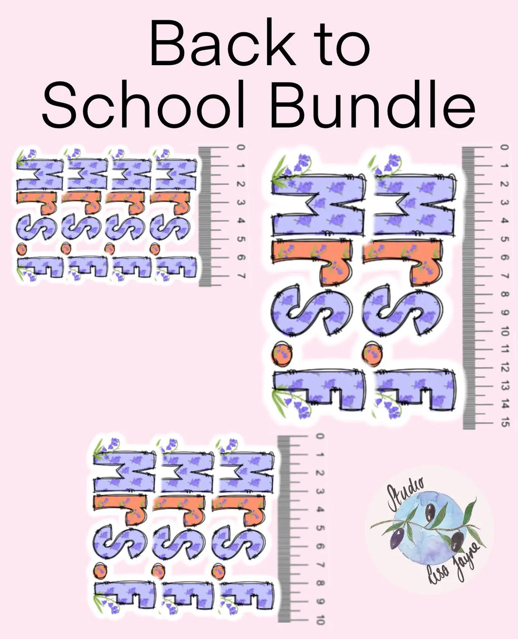 Back to School Bundle with colorful text and ruler on a pink background