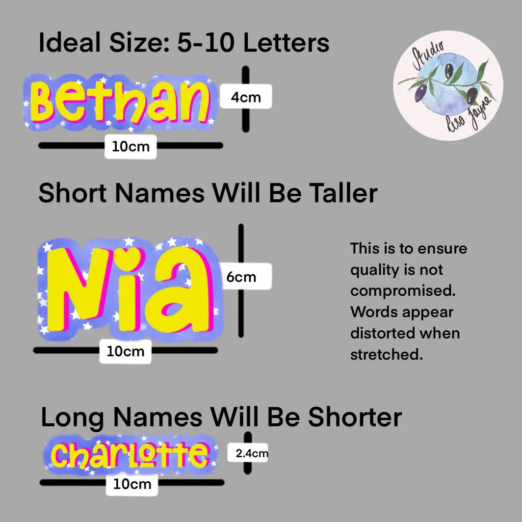 Chart showing ideal letter size for names with measurements and branding information.
