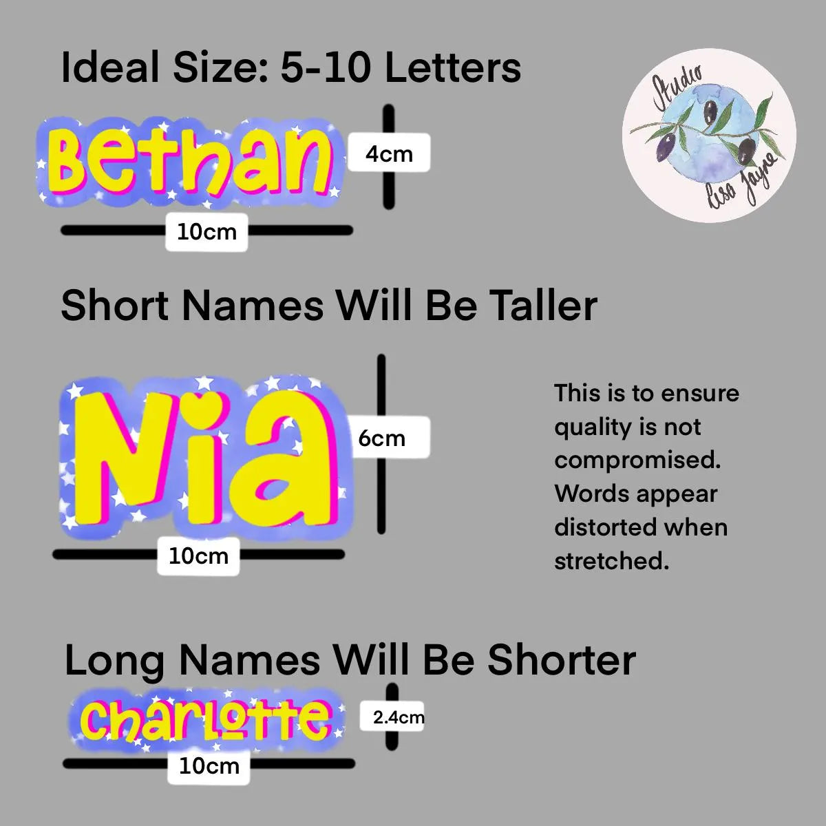 Chart showing ideal letter size for names with measurements and branding information.