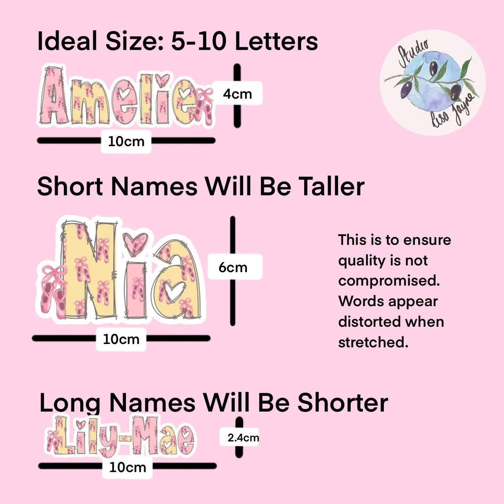 Chart showing ideal letter size for names on a pink background with measurements.