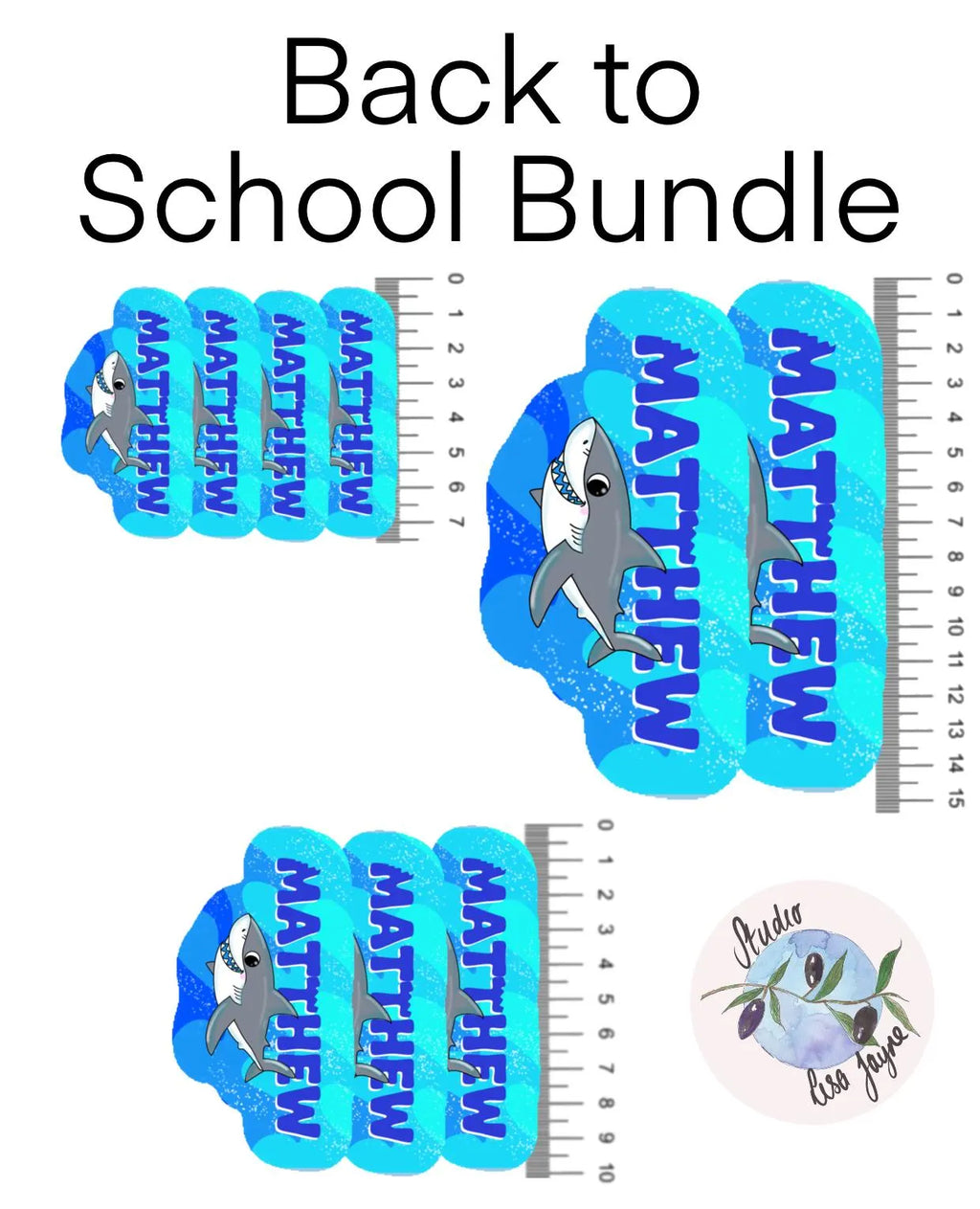 Back to School Bundle with shark-themed name labels and ruler on a white background