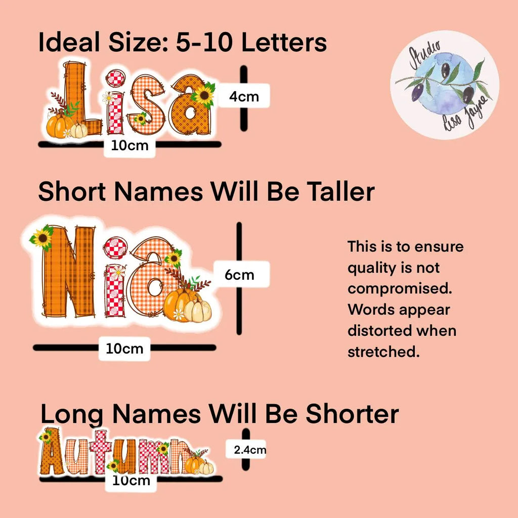 Illustration showing the ideal size of personalized names with a brand logo on a pink background.