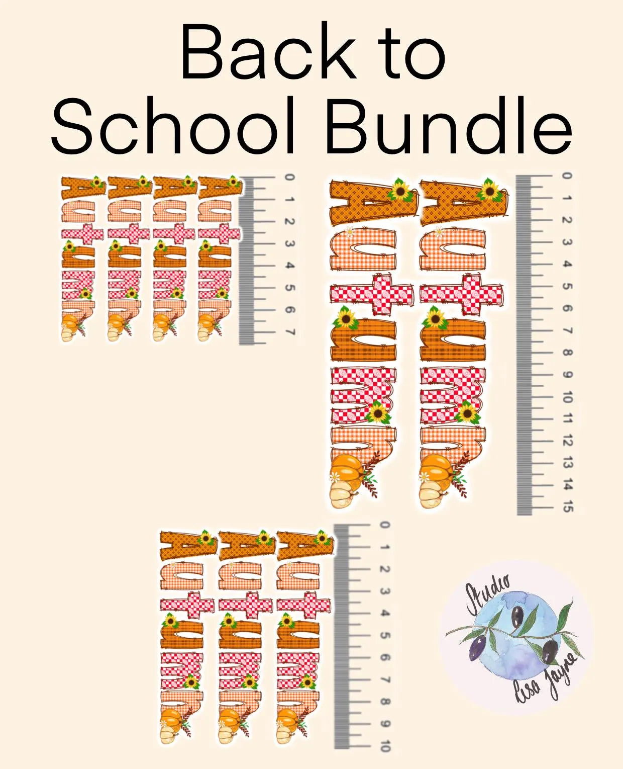 Back to School Bundle with cartoon pencils and ruler on a beige background