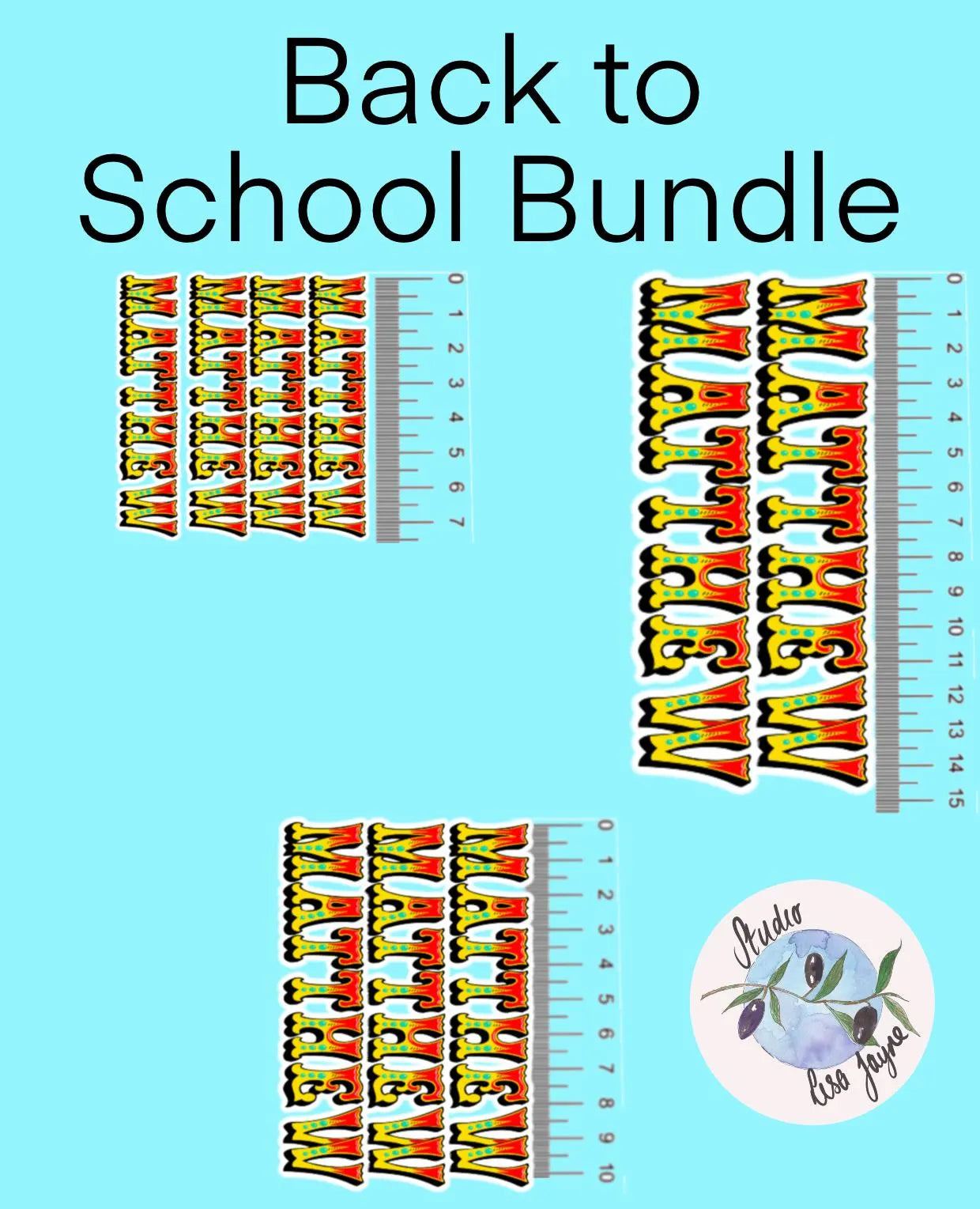 Back to School Bundle with personalized name and ruler design on a light blue background