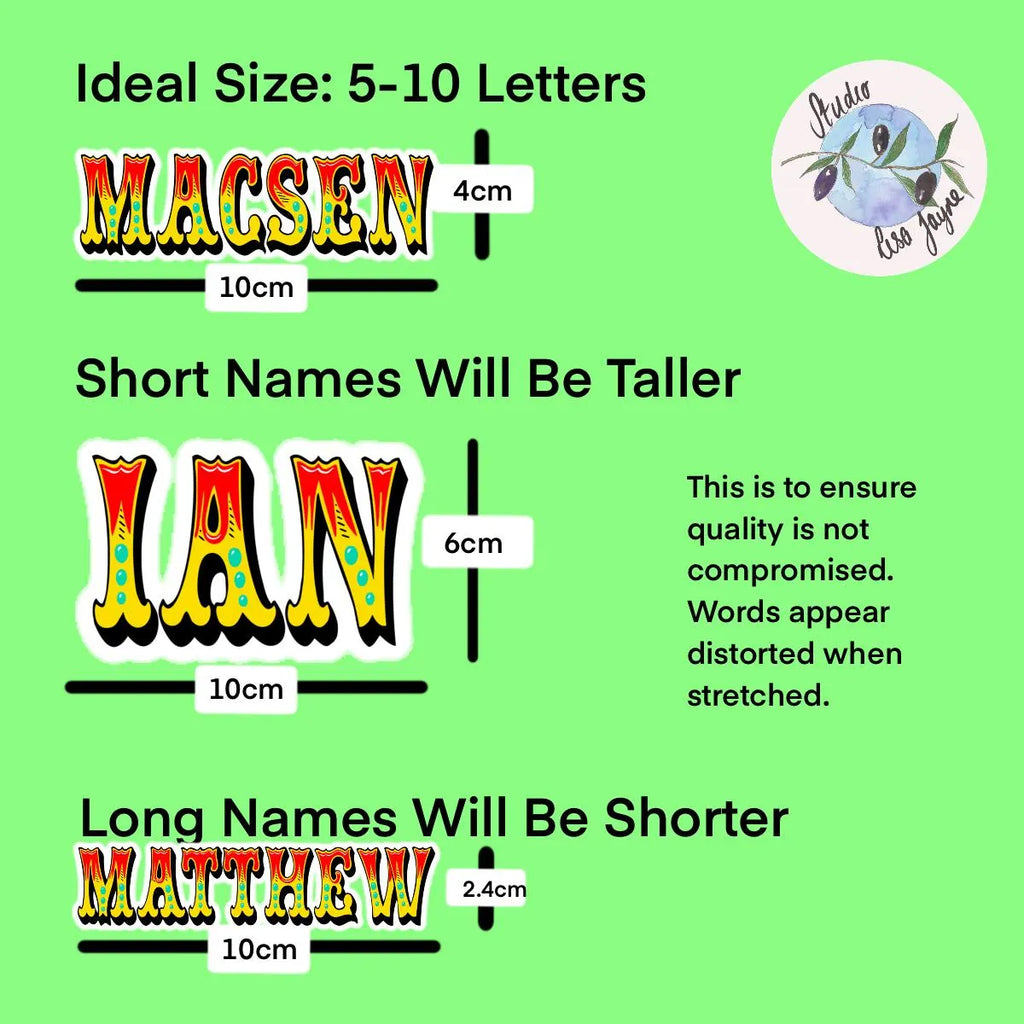 Comparison chart showing ideal letter size for names on a green background with text and measurements.