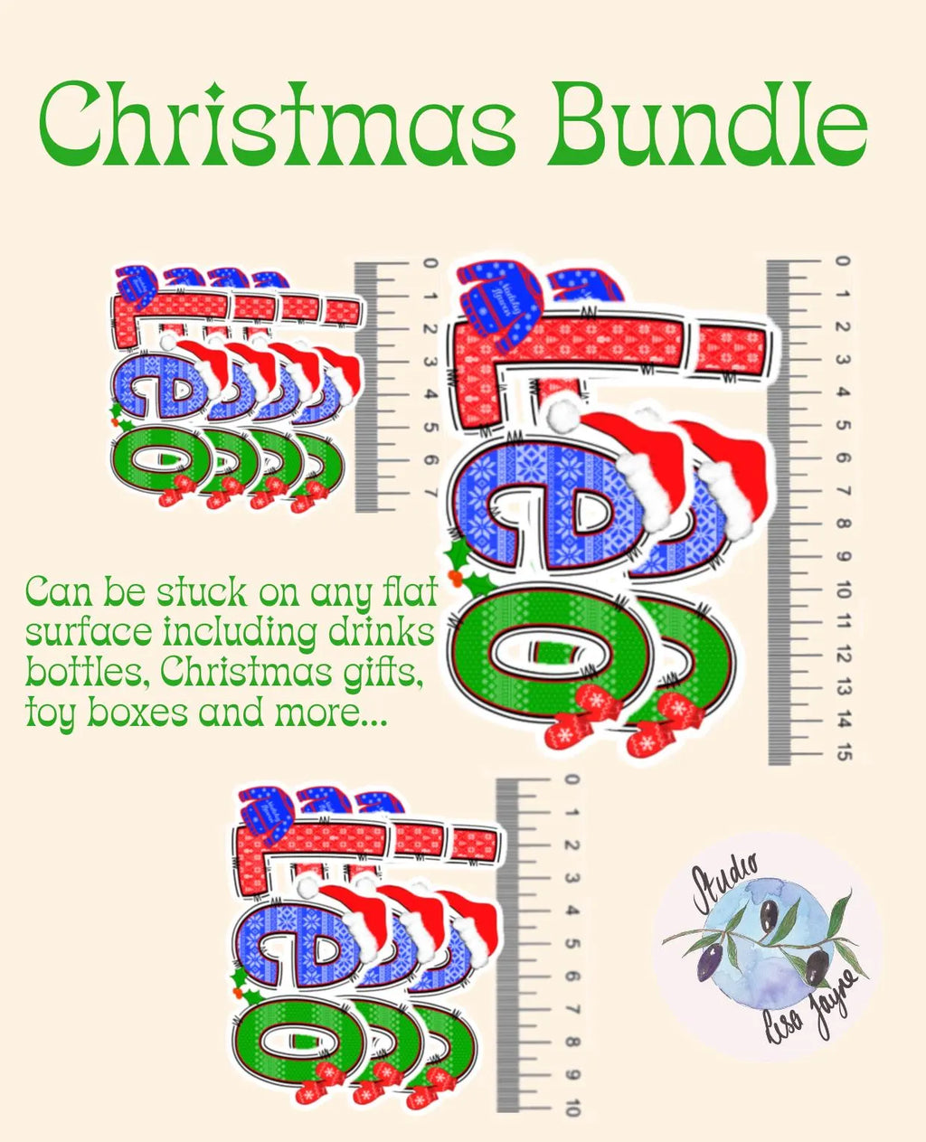 Decorative Christmas-themed stickers with a ruler for scale on a beige background.