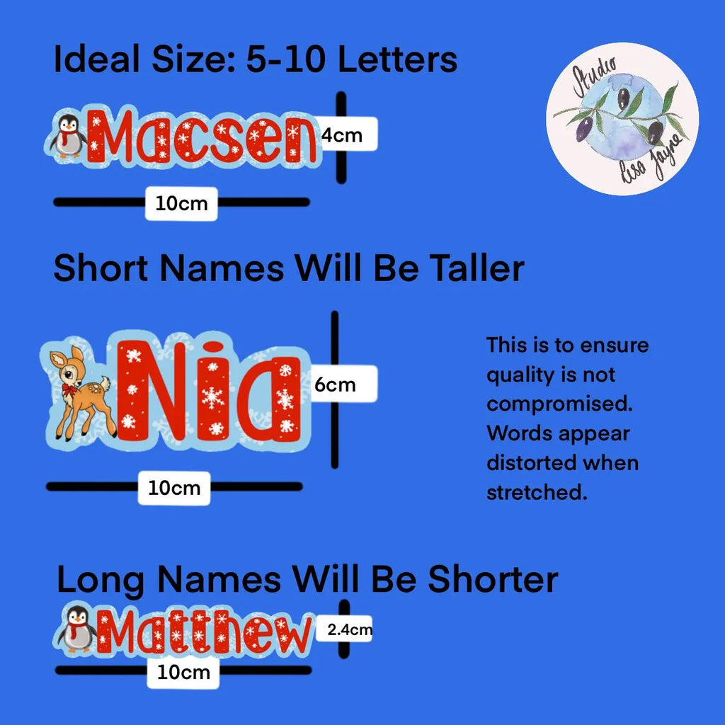 Chart showing ideal name size for decals with examples of 'Macsen', 'Nid', and 'Matthew' on a blue background.