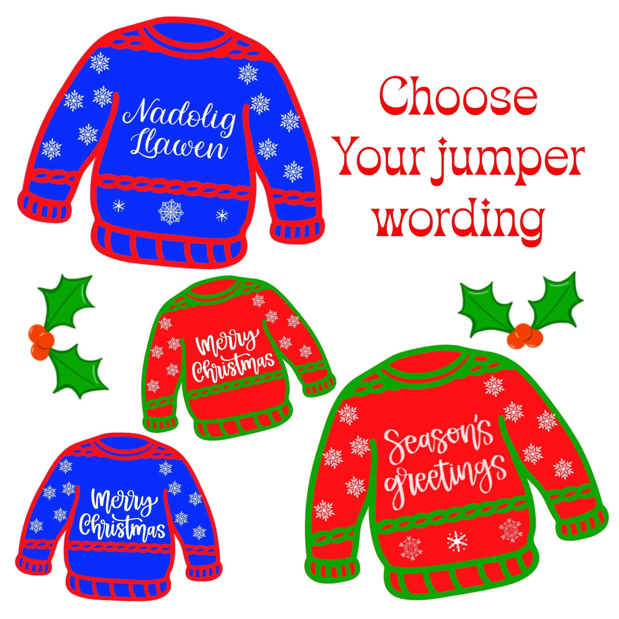 Set of Christmas sweaters with customizable text on a white background