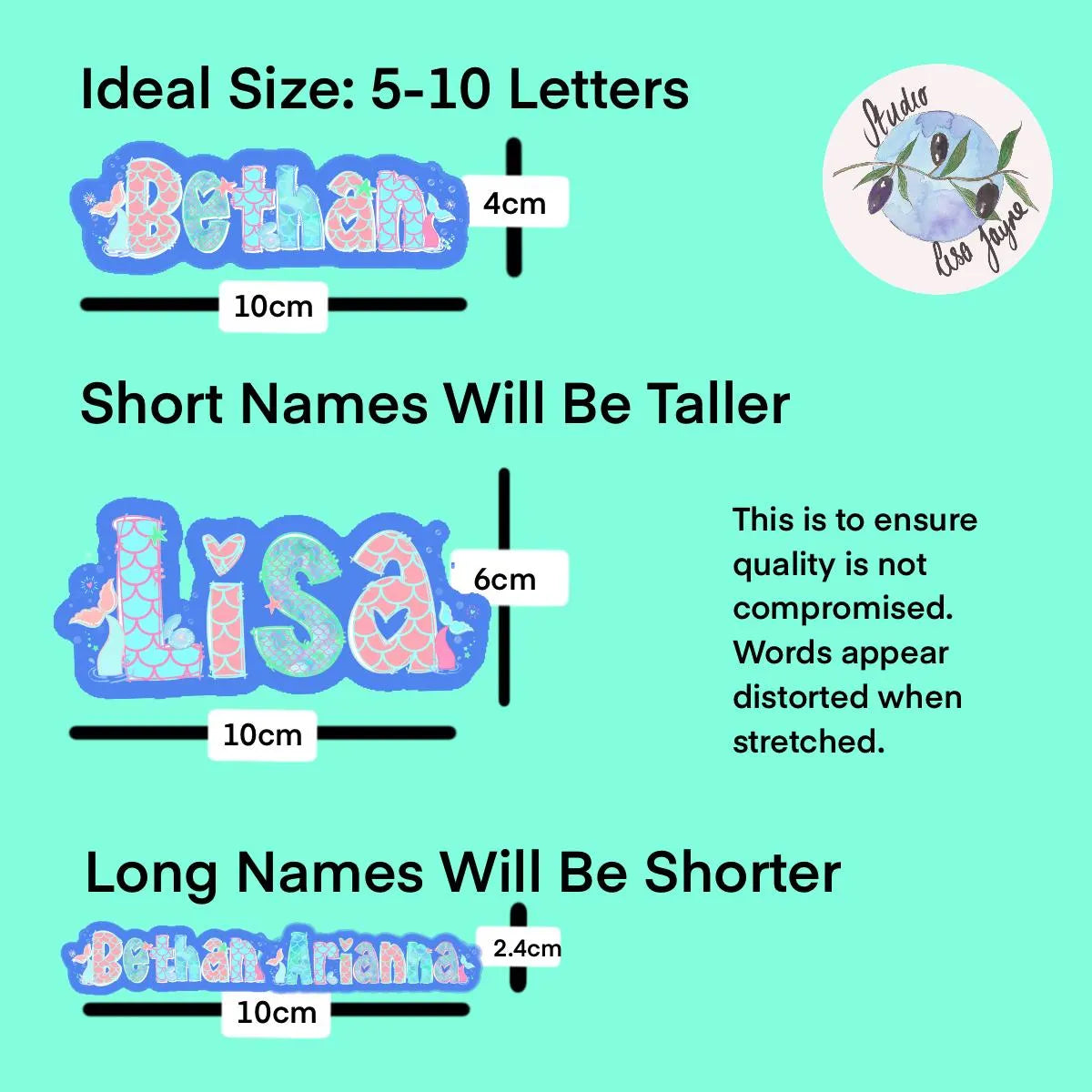 Measurement chart showing ideal size for personalized stickers with text 'Bothan Ariana' and 'Lisa'.