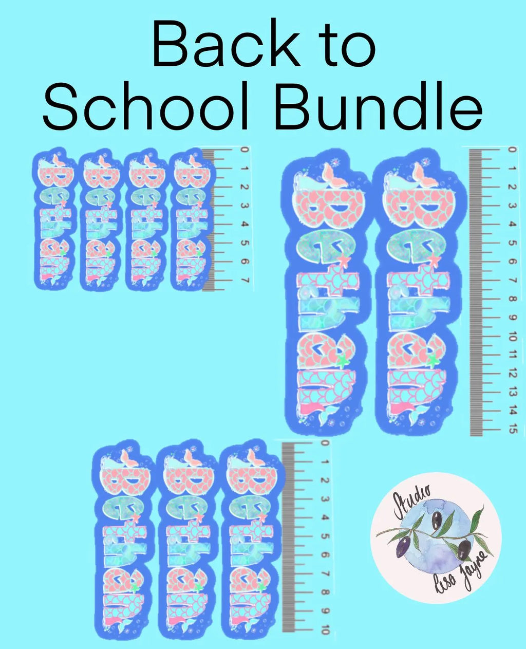 Back to School Bundle with colorful text and ruler on a blue background