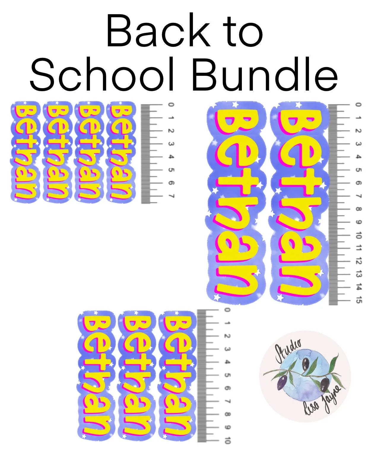 Back to School Bundle with personalized name stickers and a ruler for size reference.