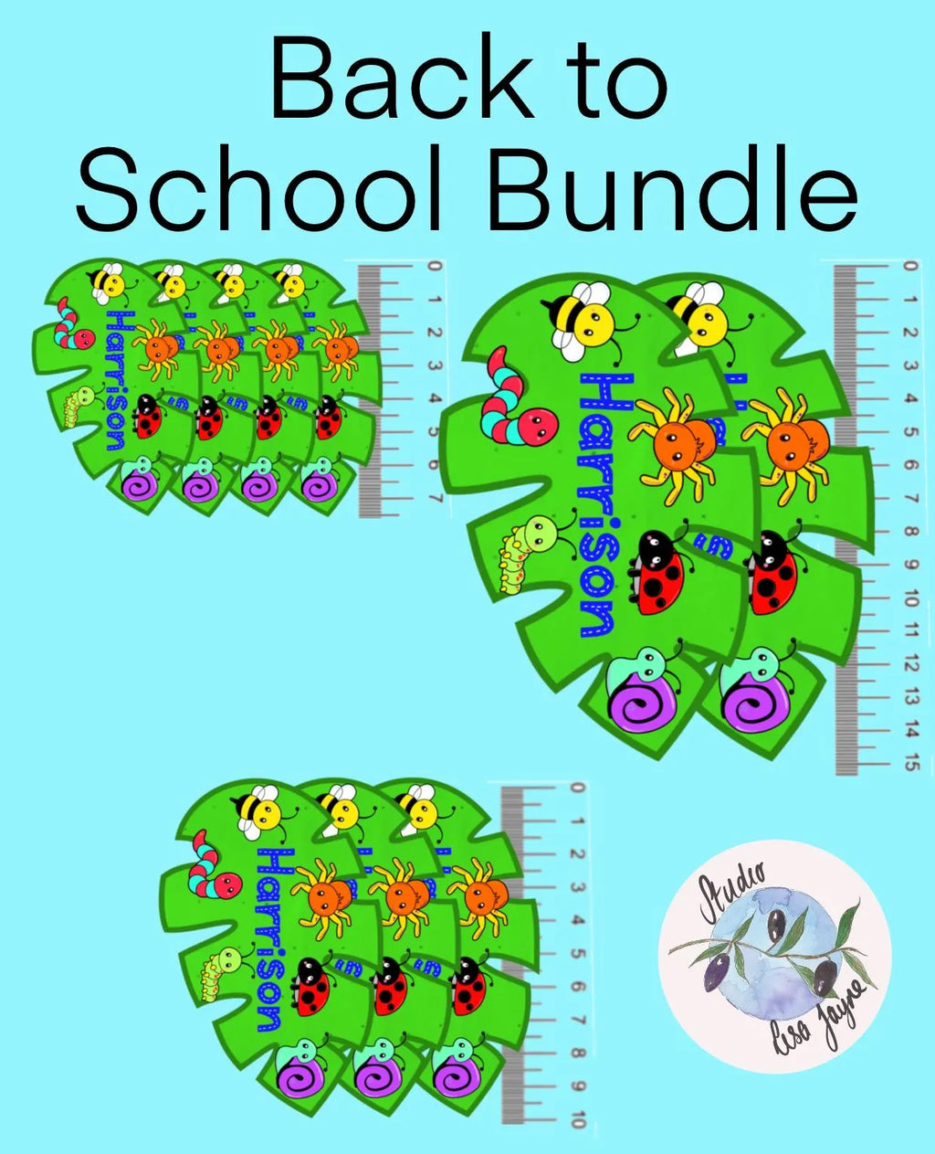 Back to School Bundle with green leaves and animal illustrations on a blue background
