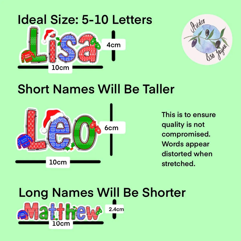 Comparison chart showing ideal letter size for names 'Lisa', 'Leo', and 'Matthew' on a green background.