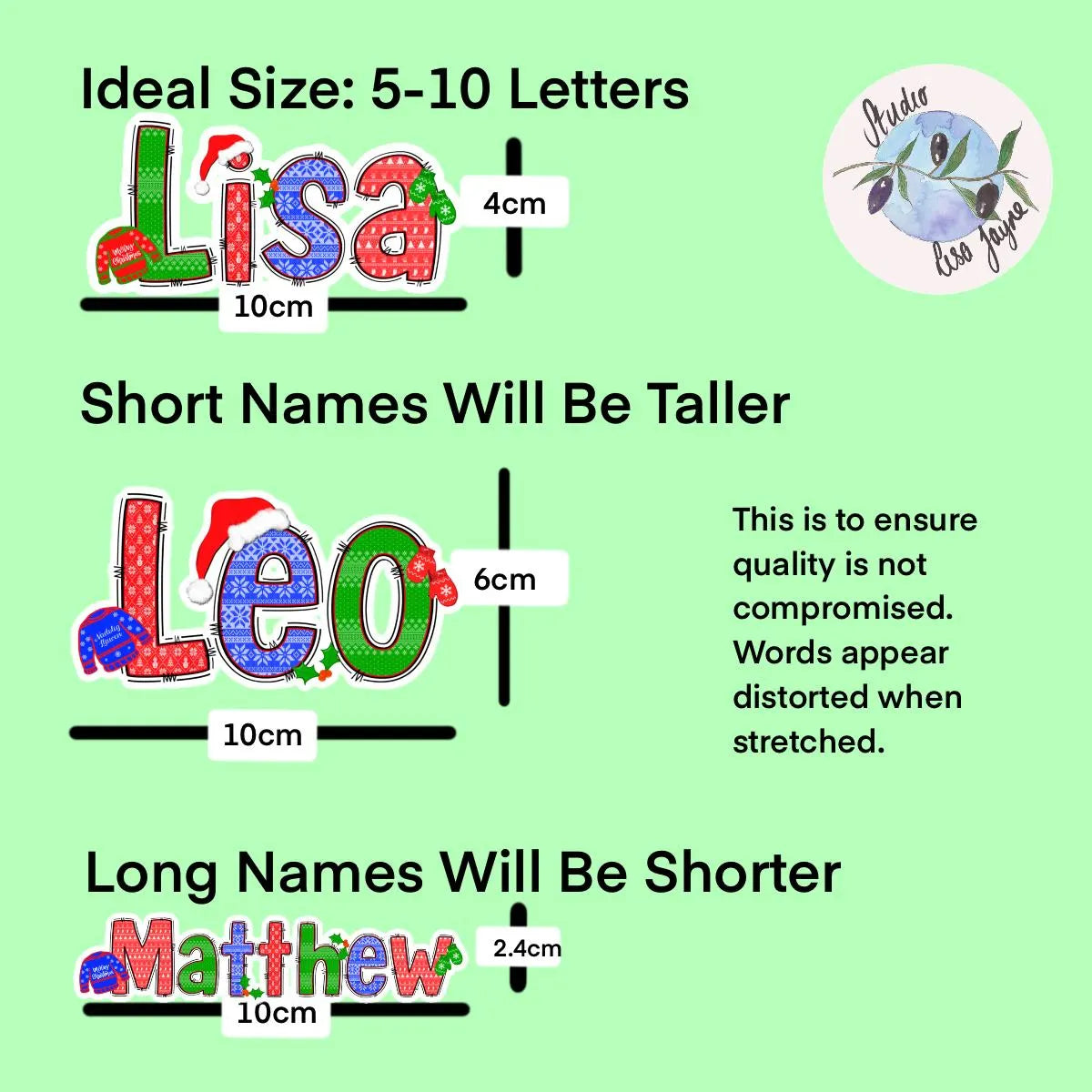 Comparison chart showing ideal letter size for names 'Lisa', 'Leo', and 'Matthew' on a green background.