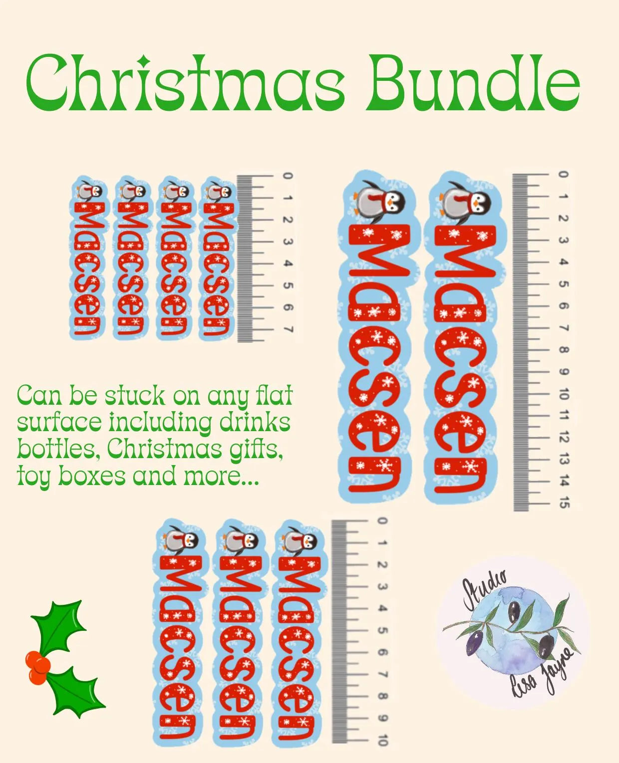 Christmas-themed product bundle with stickers and a ruler on a beige background