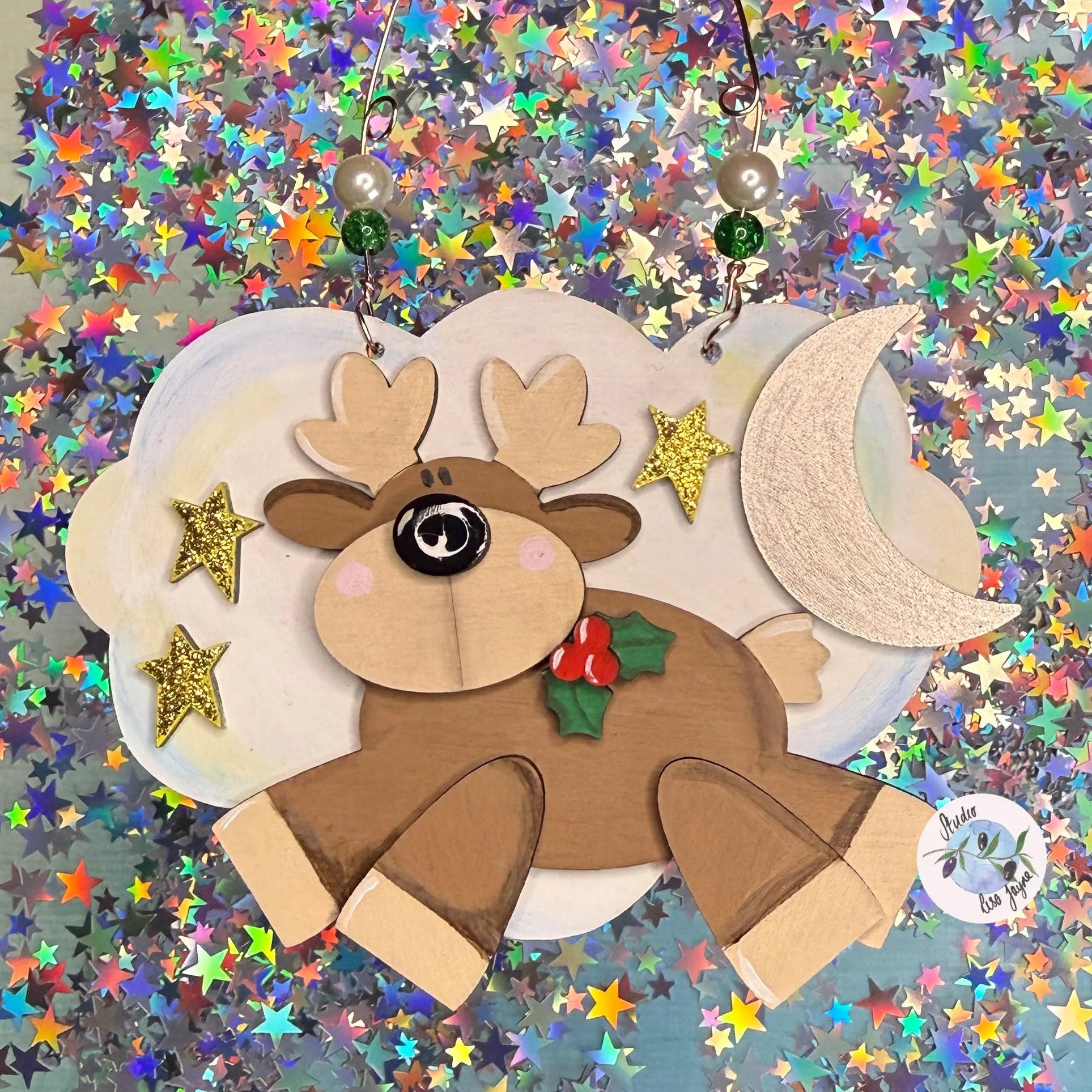 Reindeer Cloud Christmas Tree Decoration Wooden Layered Handmade