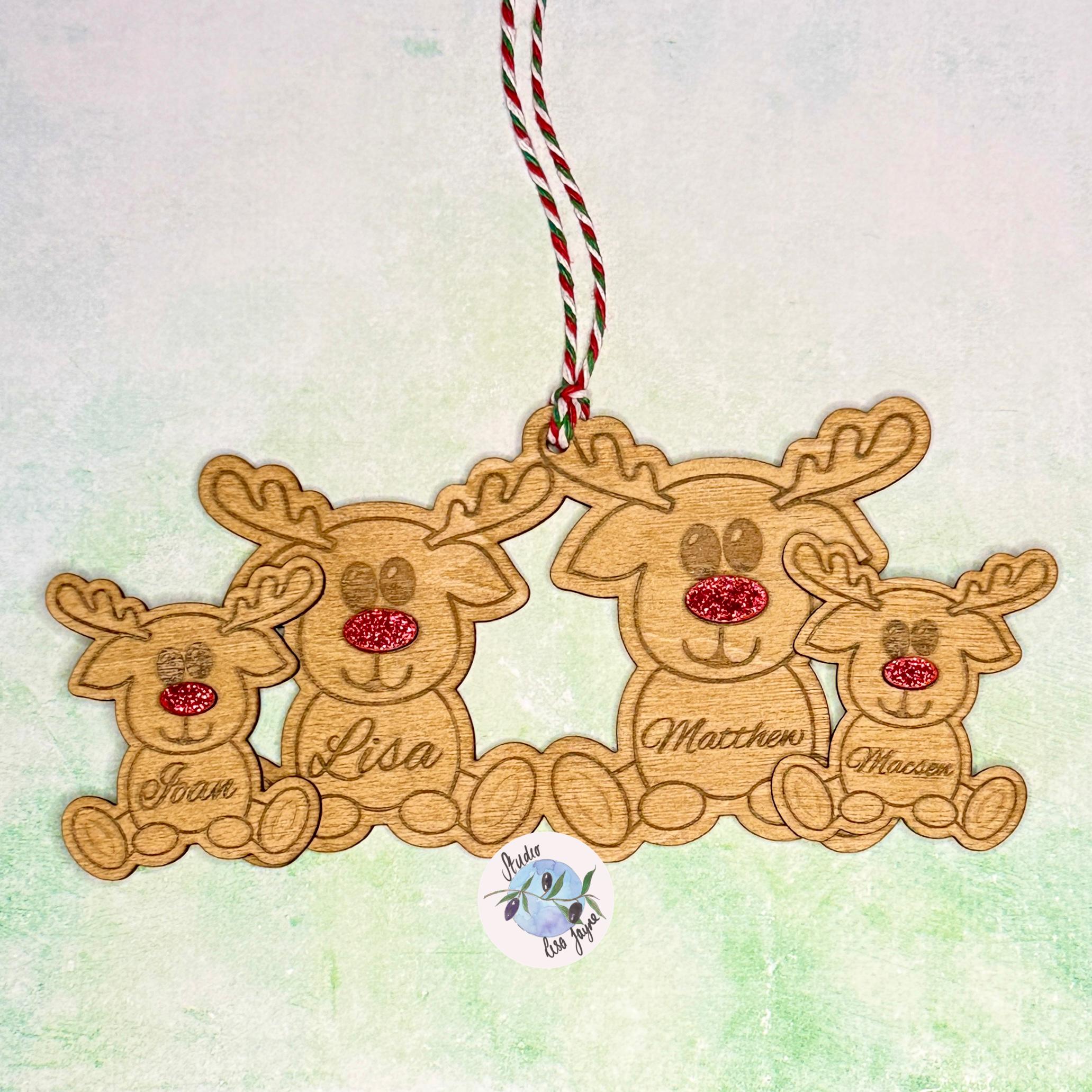 Reindeer Family Personalised Wooden Christmas Tree Decoration Handmade