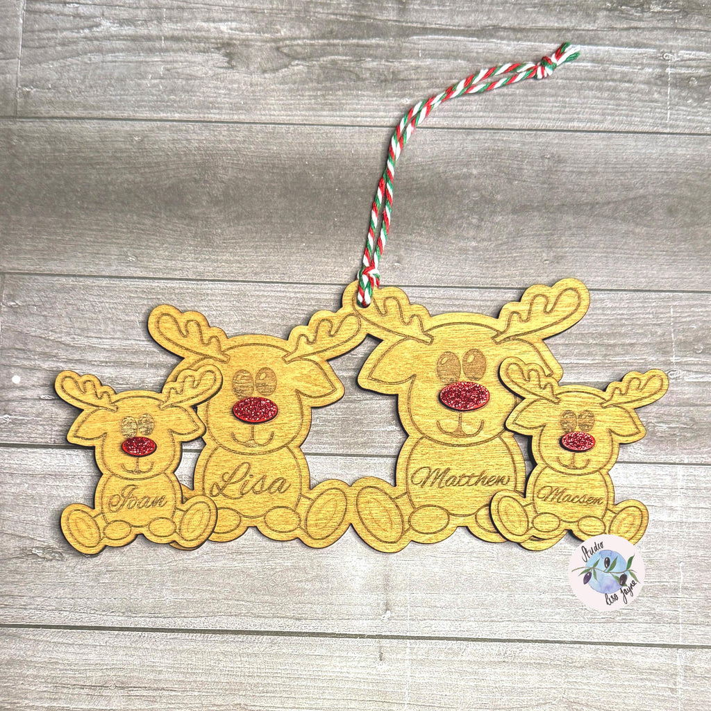 Reindeer Family Personalised Wooden Christmas Tree Decoration Handmade