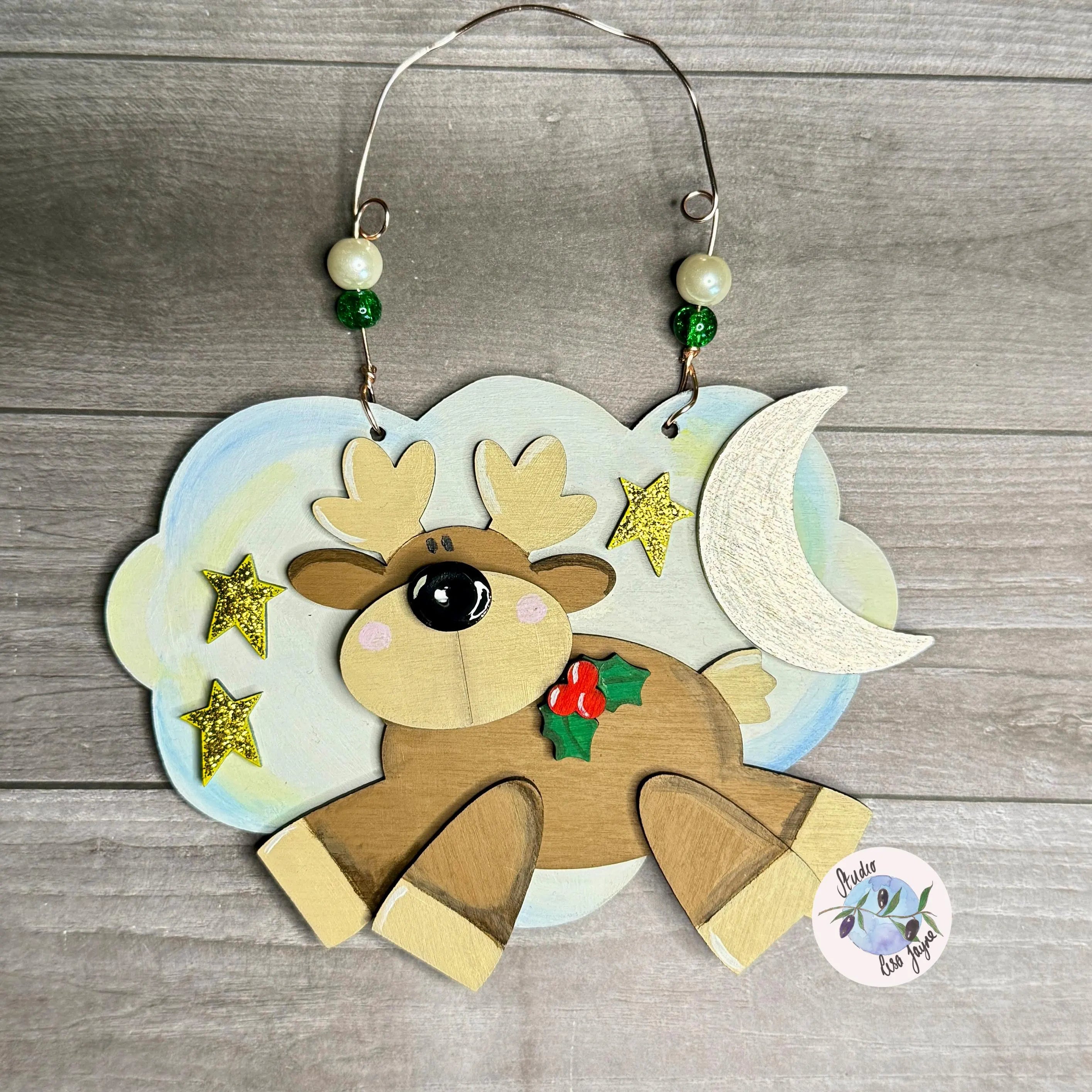 Reindeer Cloud Christmas Tree Decoration Wooden Layered Handmade