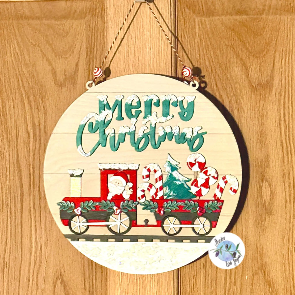Christmas Train 30cm Hanging Wall Sign Handmade and Hand Painted