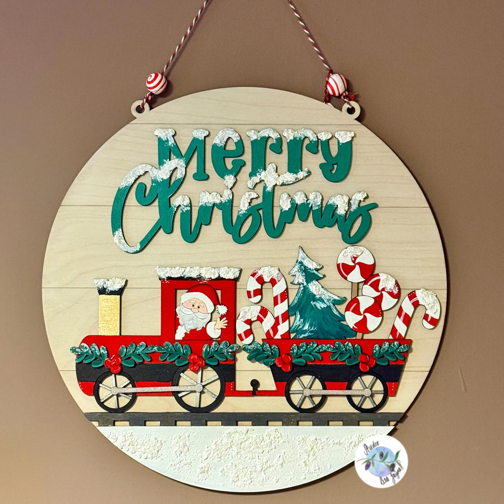 Christmas Train 30cm Hanging Wall Sign Handmade and Hand Painted