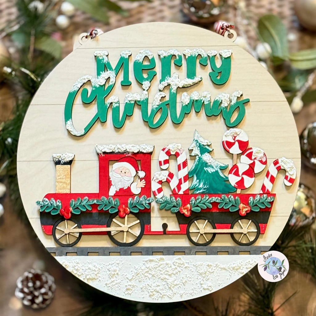 Christmas Train 30cm Hanging Wall Sign Handmade and Hand Painted