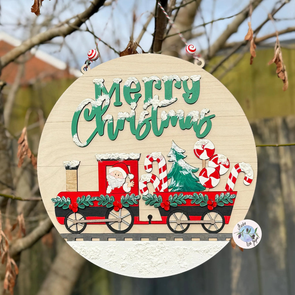 Christmas Train 30cm Hanging Wall Sign Handmade and Hand Painted