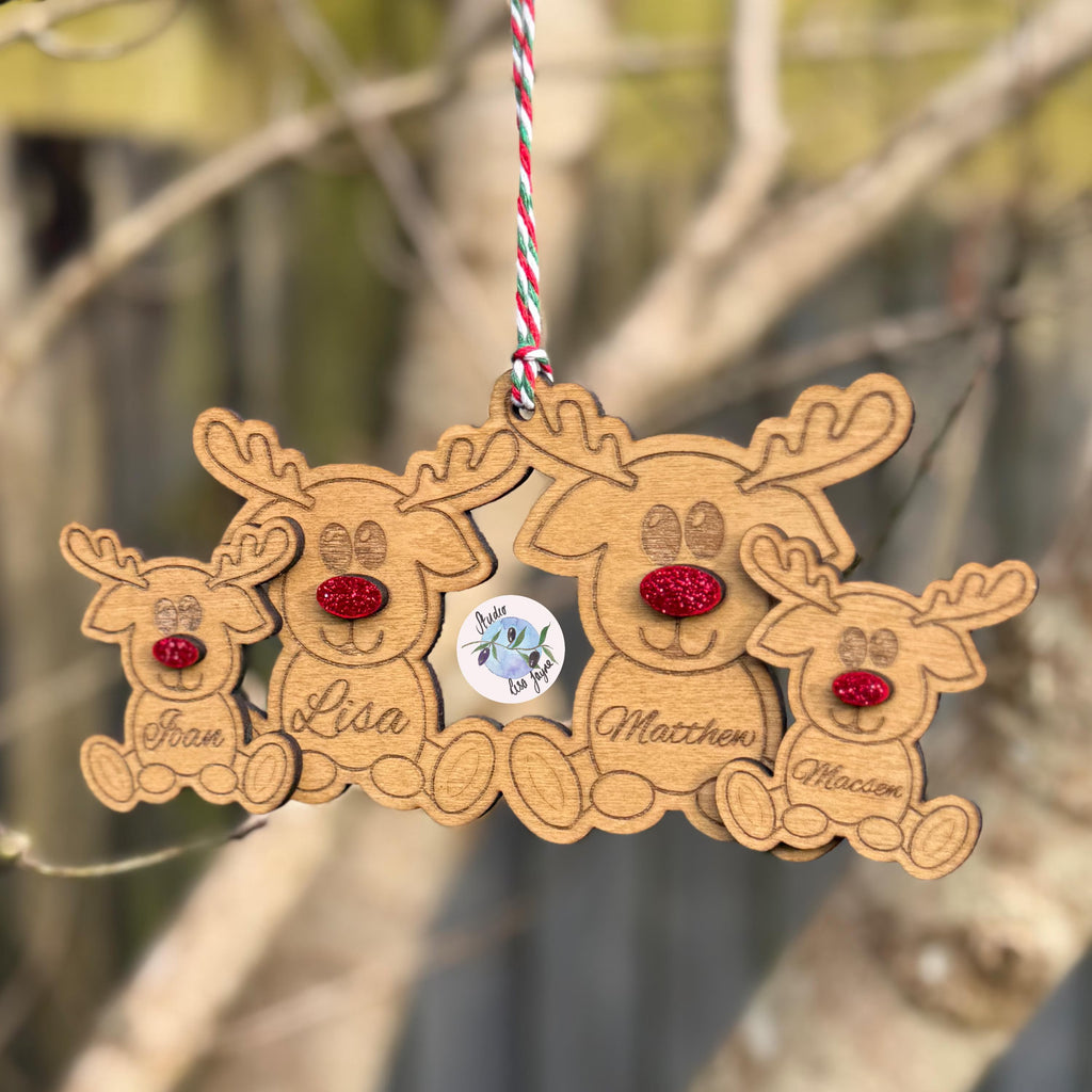 Reindeer Family Personalised Wooden Christmas Tree Decoration Handmade