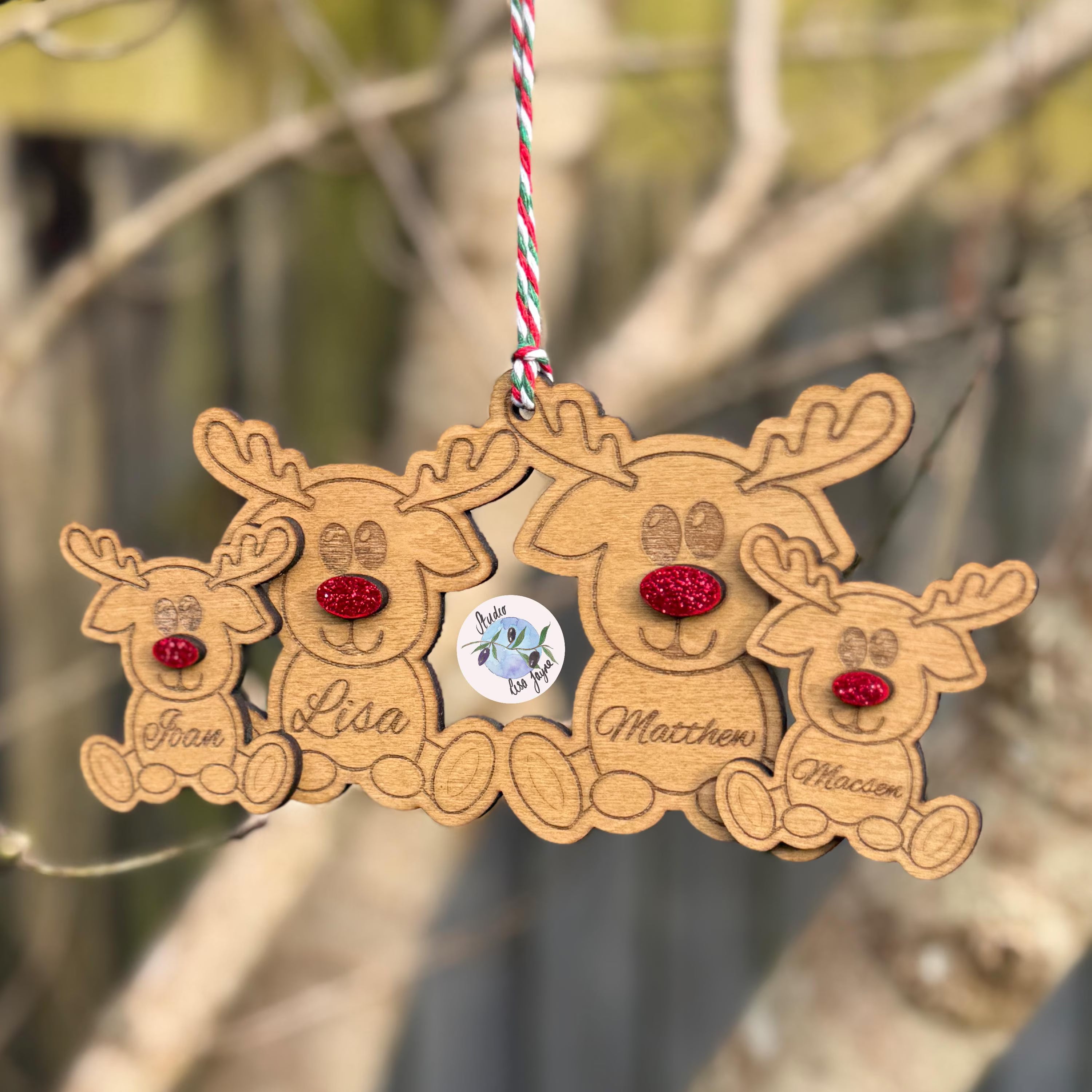Reindeer Family Personalised Wooden Christmas Tree Decoration Handmade