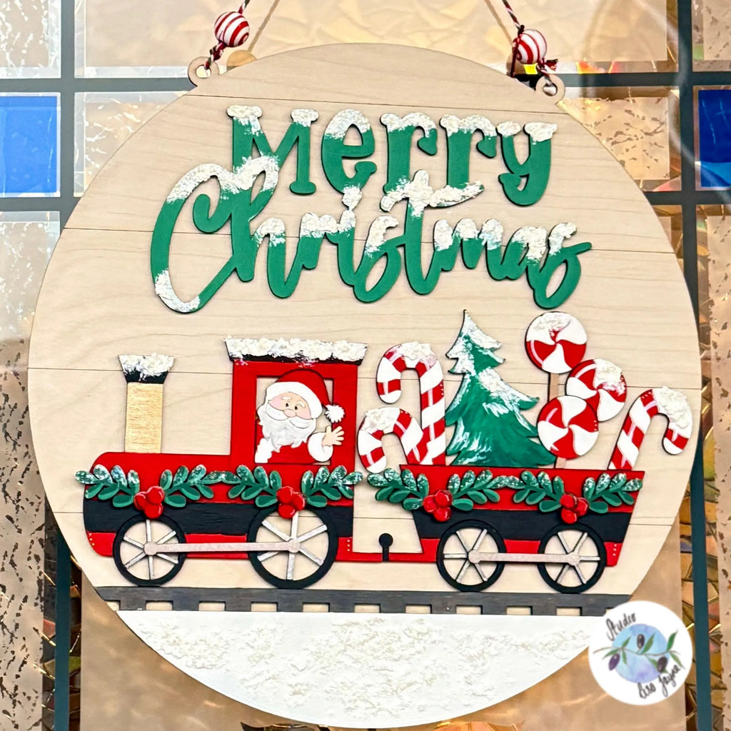 Christmas Train 30cm Hanging Wall Sign Handmade and Hand Painted