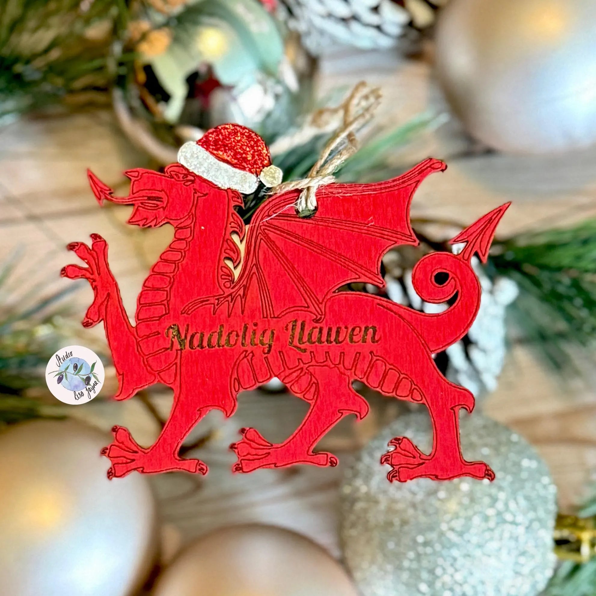 Nadolig Llawen Dragon Hand Painted Tree Decoration Welsh Christmas