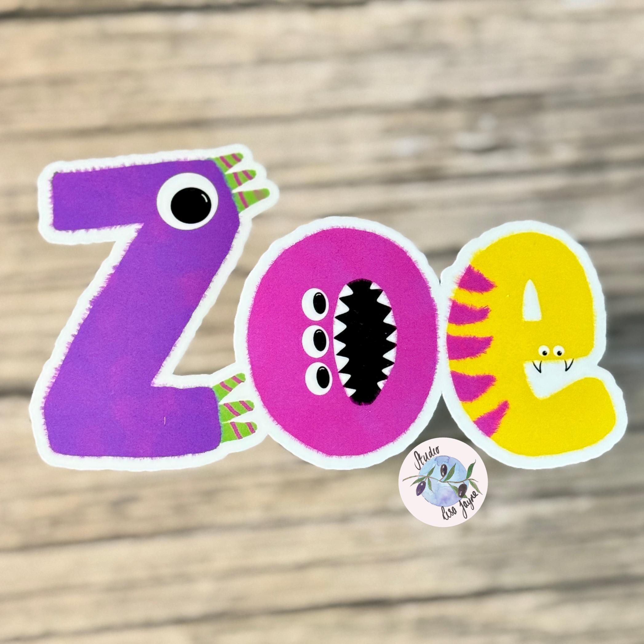 Monster Name Sticker for Smooth Surfaces - a purple and yellow cartoon character