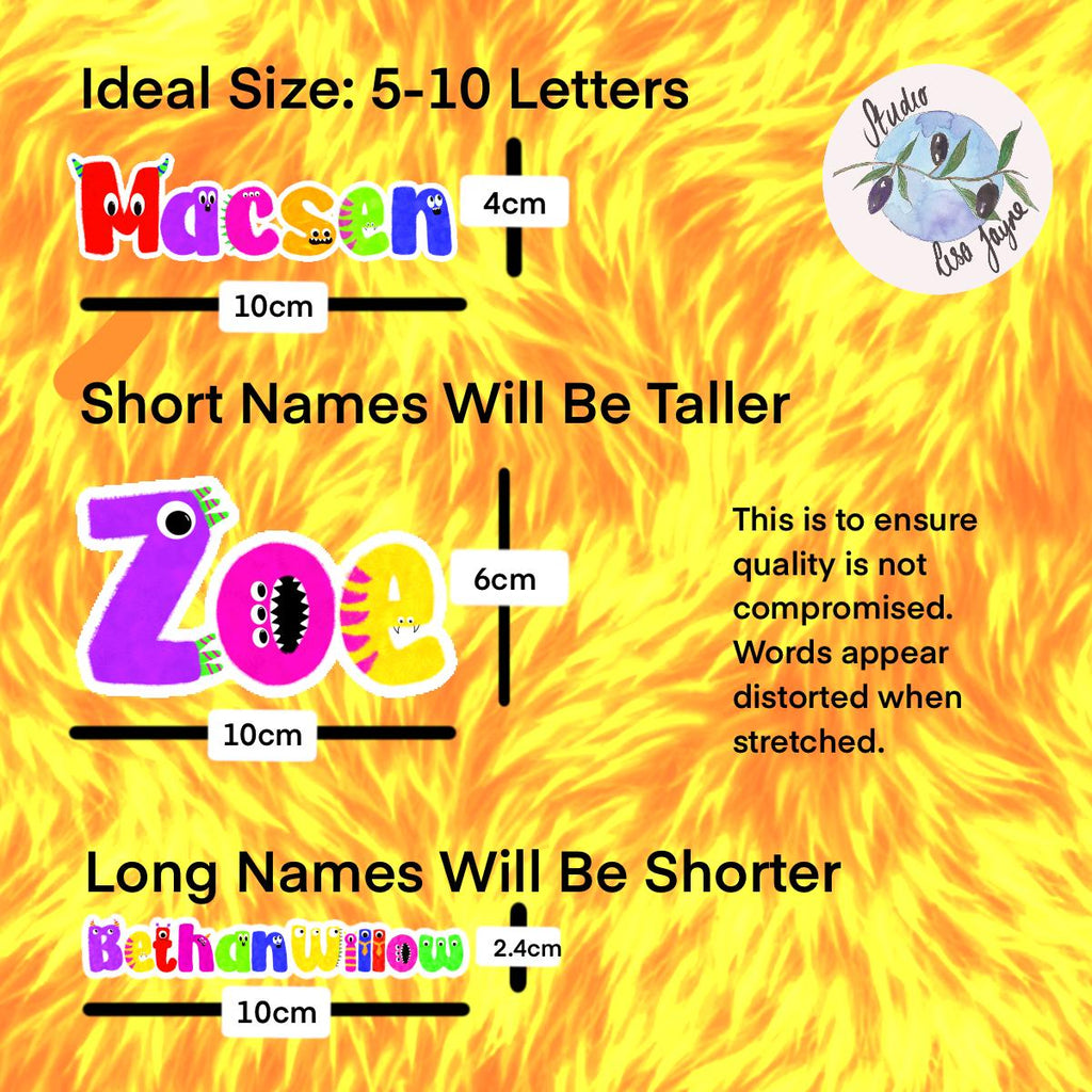 Monster Name Sticker for Smooth Surfaces - a yellow fur with text and letters