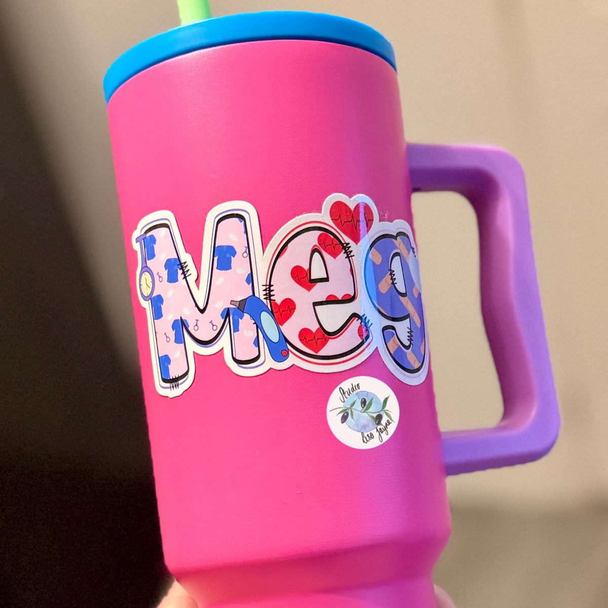 Nurse Healthcare Assistant Personalised Name Waterproof Vinyl Sticker For Smooth Surfaces - a pink cup with a straw and Meg nurse name decal