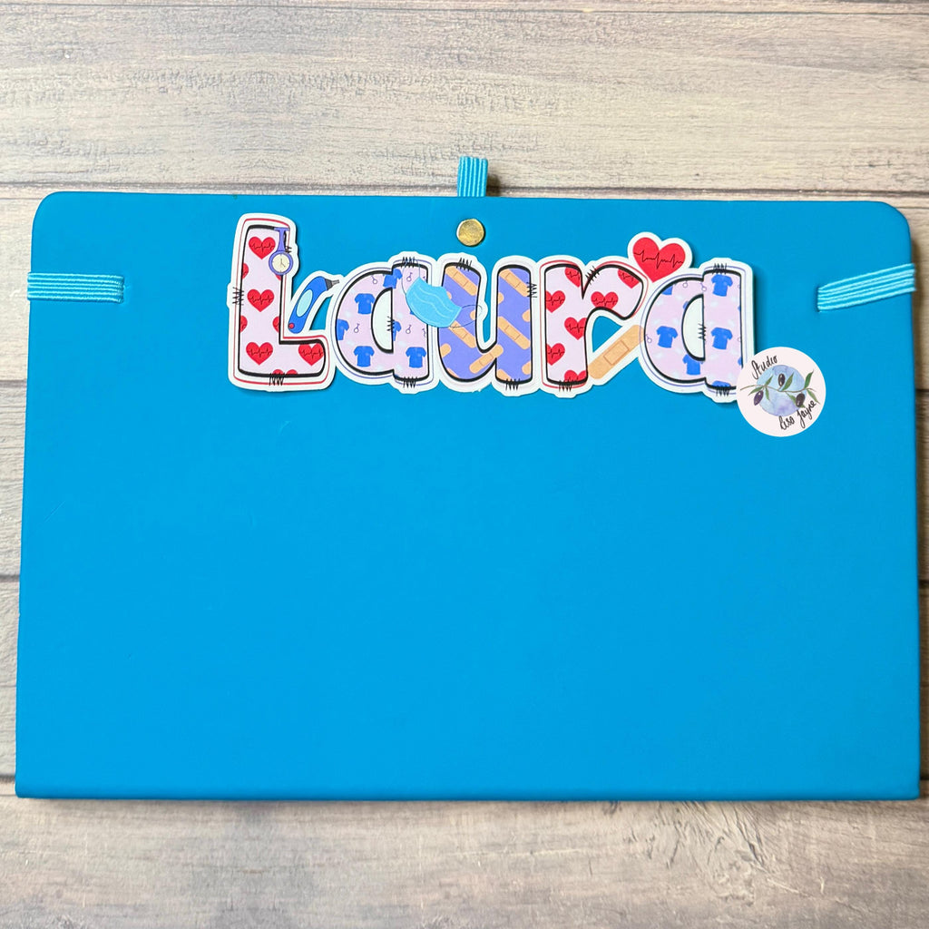 Nurse Healthcare Assistant Personalised Name Waterproof Vinyl Sticker For Smooth Surfaces - a blue notebook with a name on it