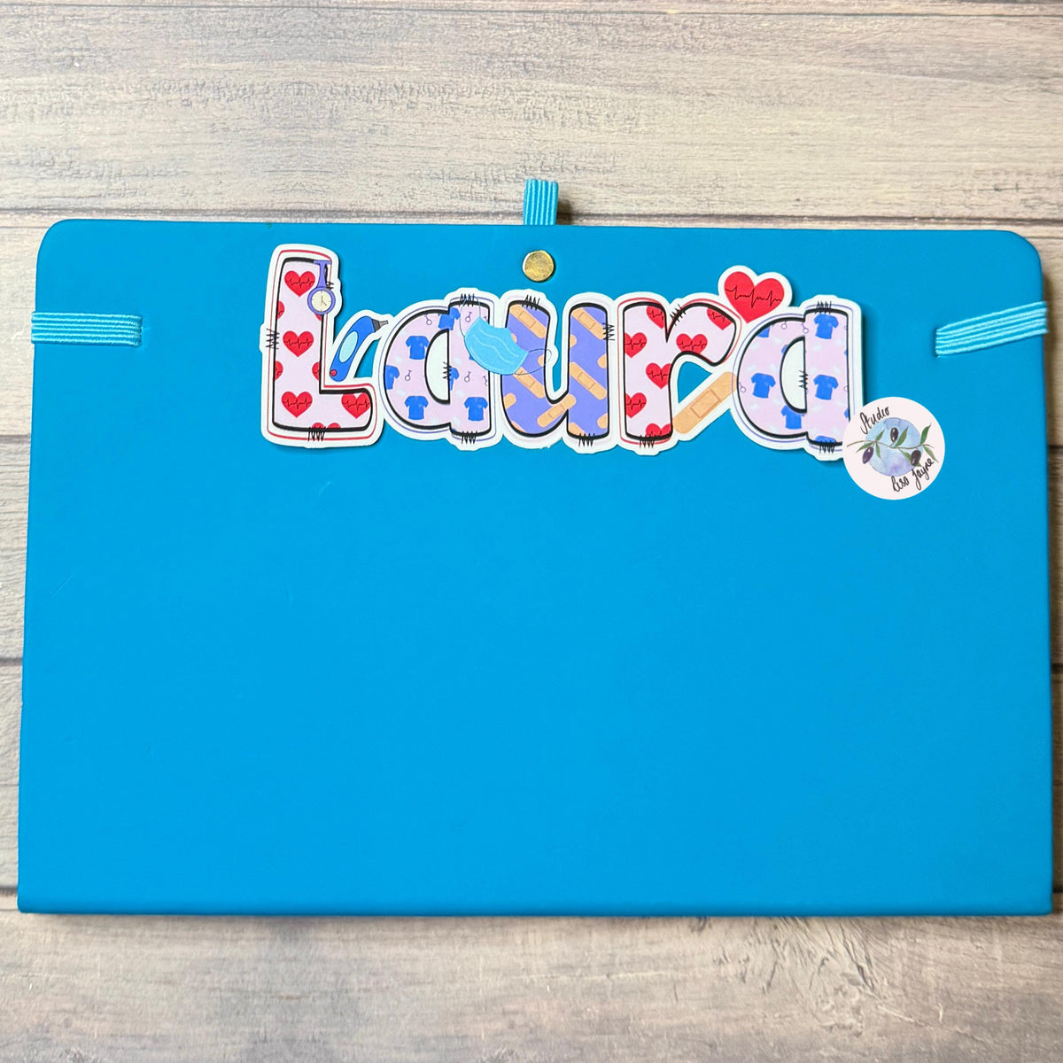Nurse Healthcare Assistant Personalised Name Waterproof Vinyl Sticker For Smooth Surfaces - a blue notebook with a name on it
