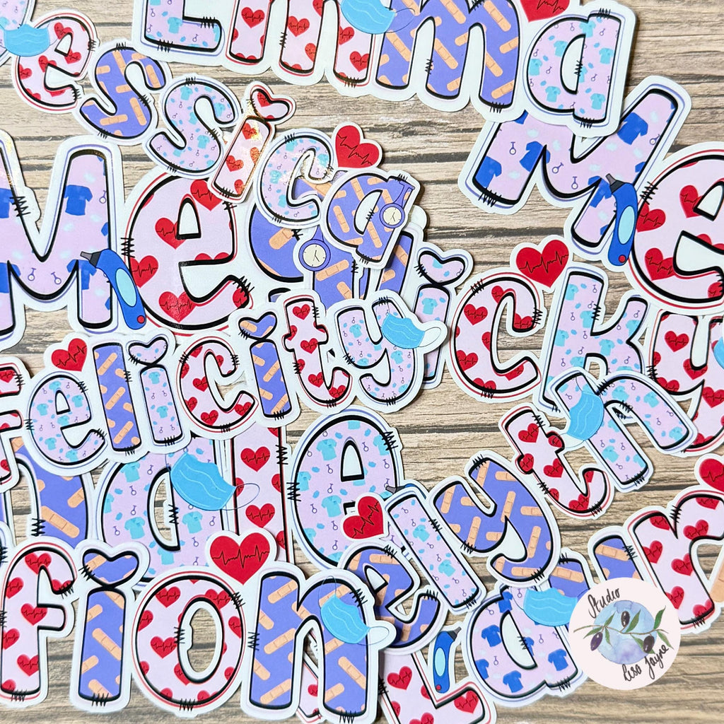 Nurse Healthcare Assistant Personalised Name Waterproof Vinyl Sticker For Smooth Surfaces - a group of colourful nurse name stickers on a wood surface