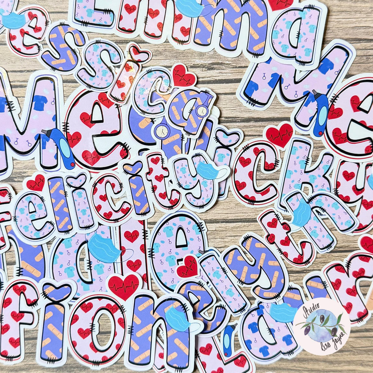 Nurse Healthcare Assistant Personalised Name Waterproof Vinyl Sticker For Smooth Surfaces - a group of colourful nurse name stickers on a wood surface