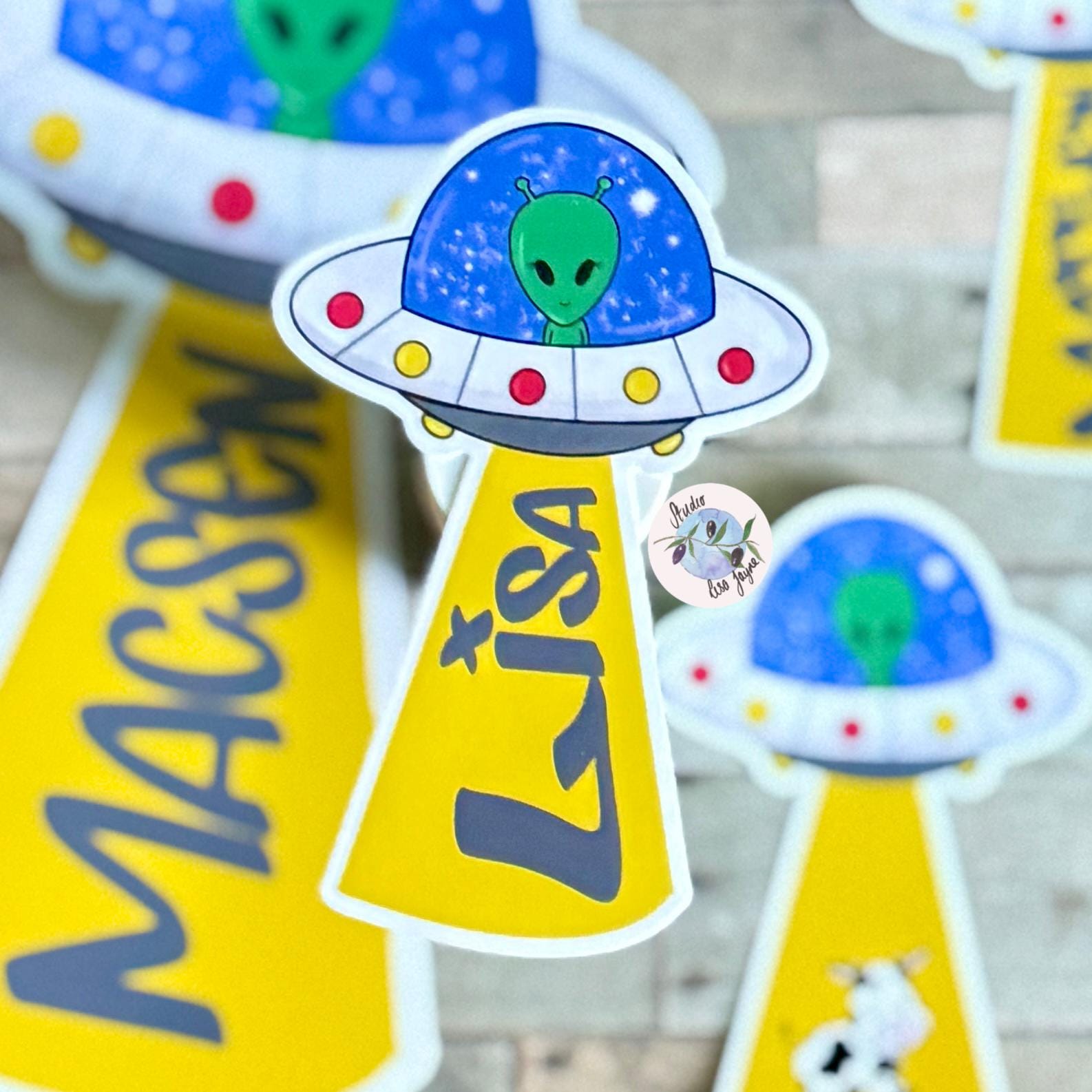 UFO Alien Name Sticker Label Kids - a group of stickers with aliens and text