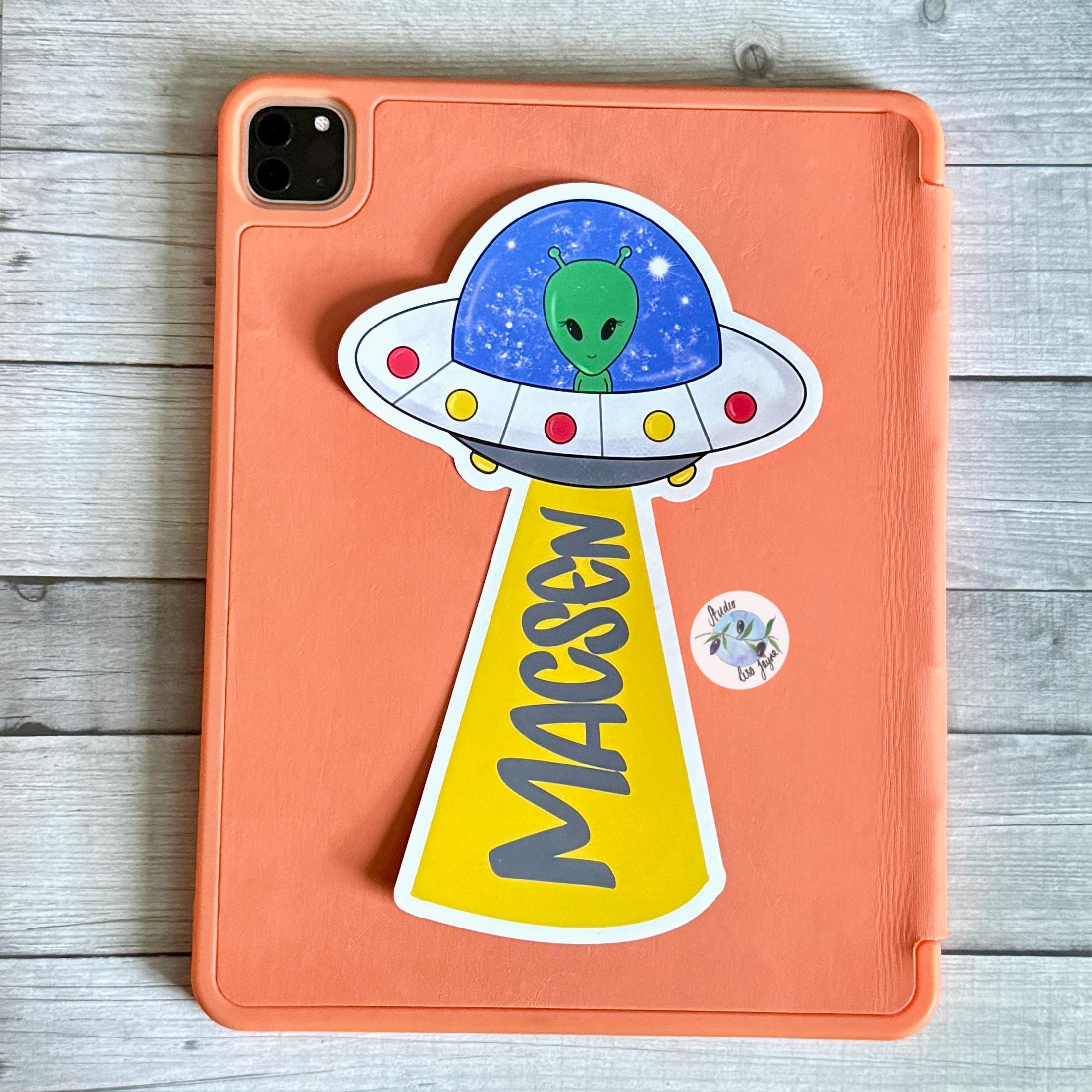 UFO Alien Name Sticker Label Kids - a tablet case with a cartoon alien on it