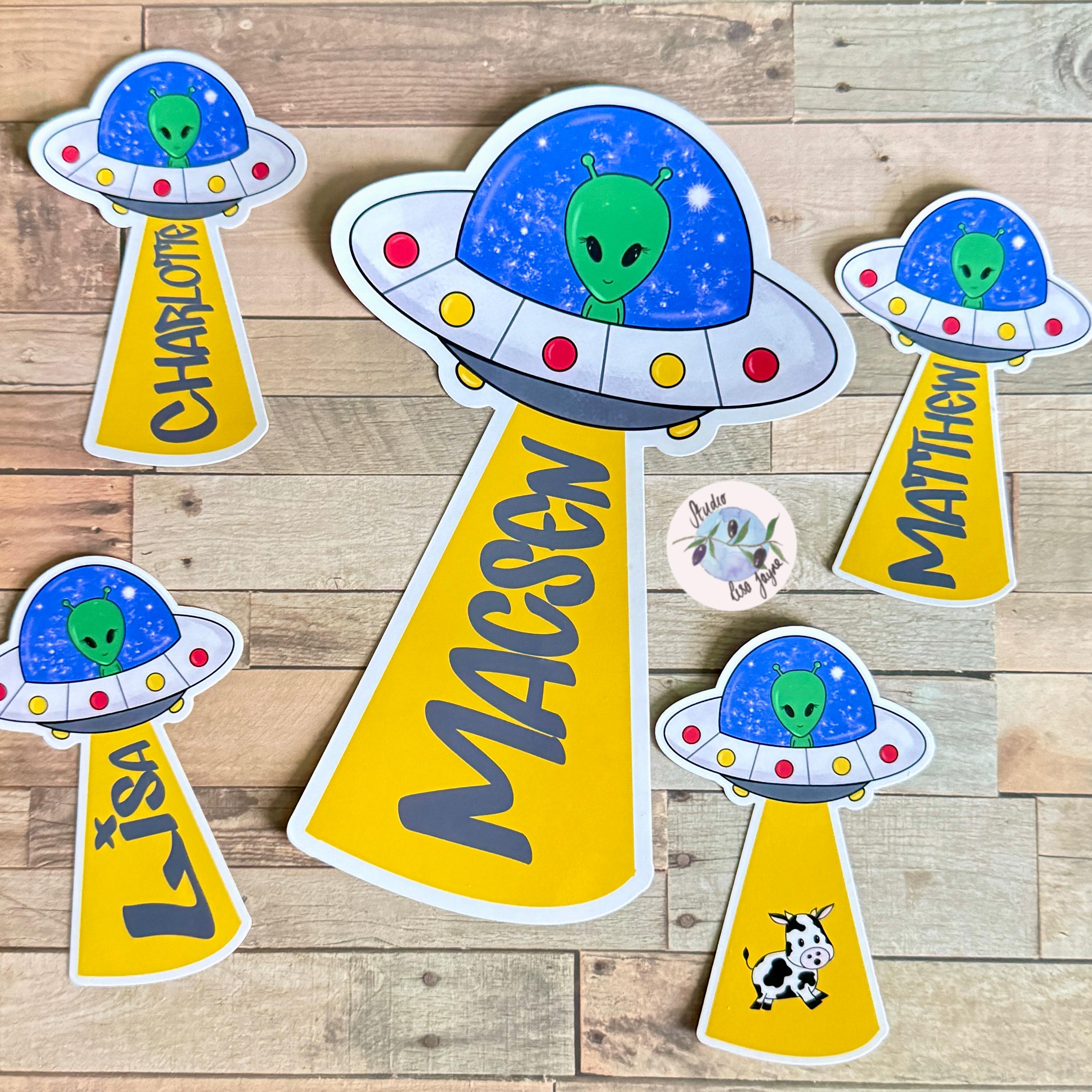 UFO Alien Name Sticker Label Kids - a group of stickers with aliens on them