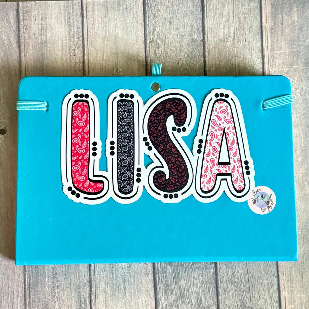 Paisley Pattern Name Sticker Label Kids - a blue sign with a name on it