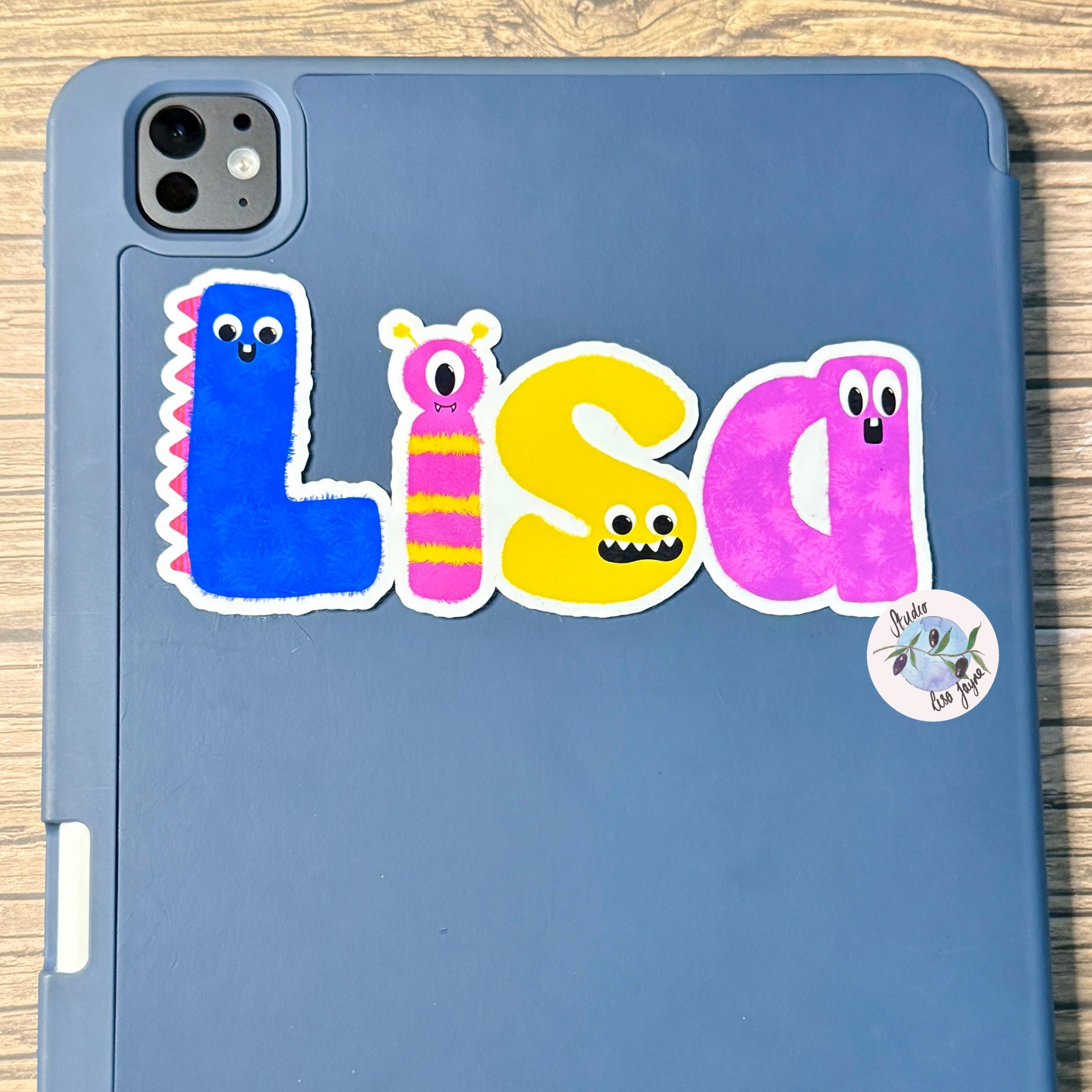 Monster Name Sticker for Smooth Surfaces - a blue tablet case with cartoon characters on it