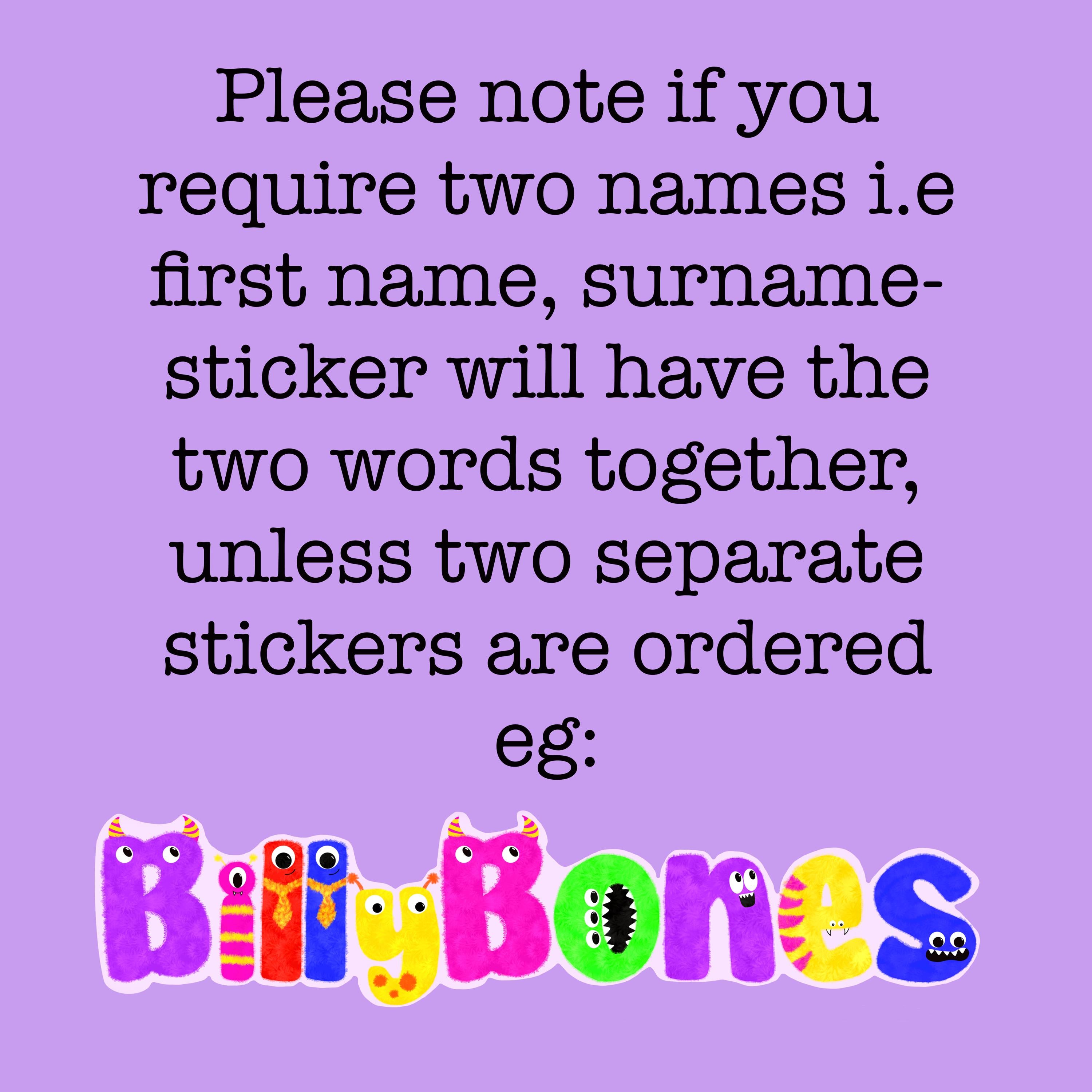 Monster Name Sticker for Smooth Surfaces - a purple background with text and cartoon characters