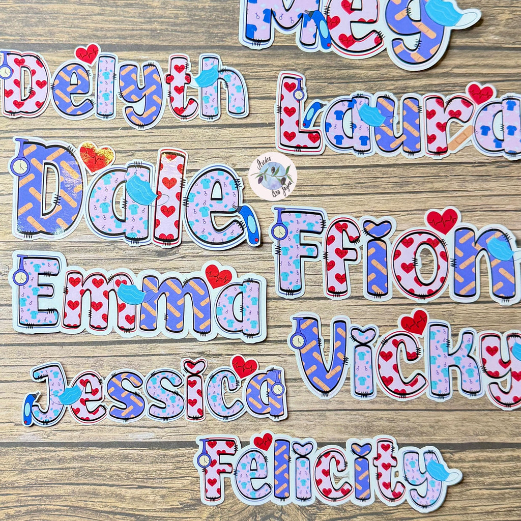 Nurse Healthcare Assistant Personalised Name Waterproof Vinyl Sticker For Smooth Surfaces - a group of colourful nurse sticker on a wood surface