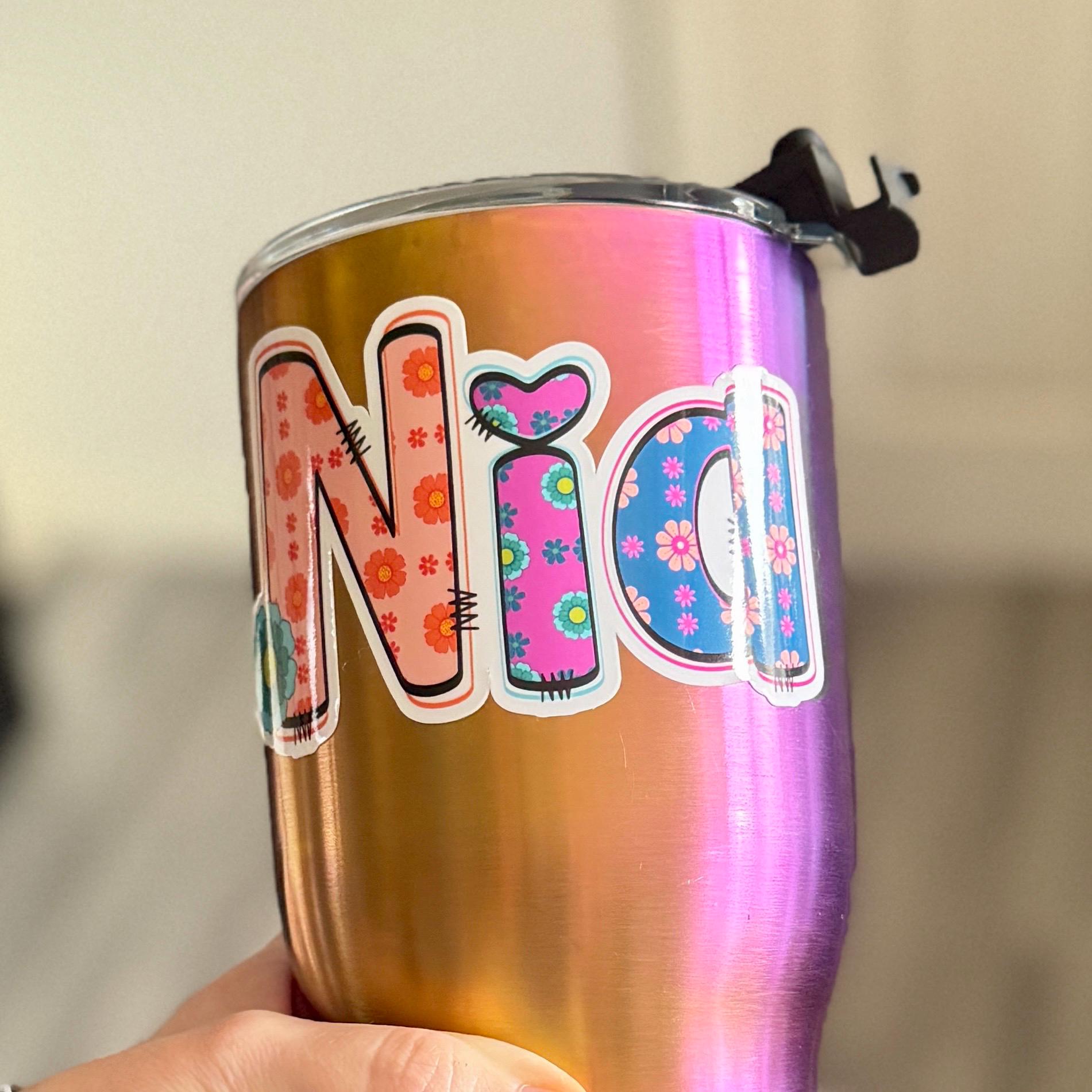 Retro Floral Personalised Name Waterproof Vinyl Sticker For Smooth Surfaces - a person holding a cup