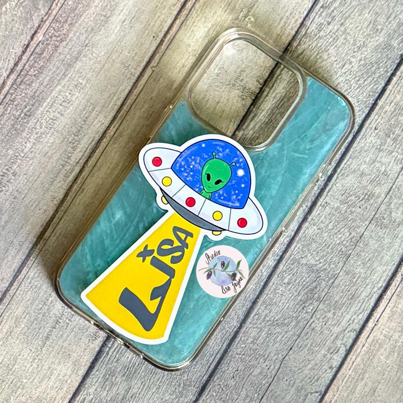 UFO Alien Name Sticker Label Kids - a phone case with a cartoon alien on it