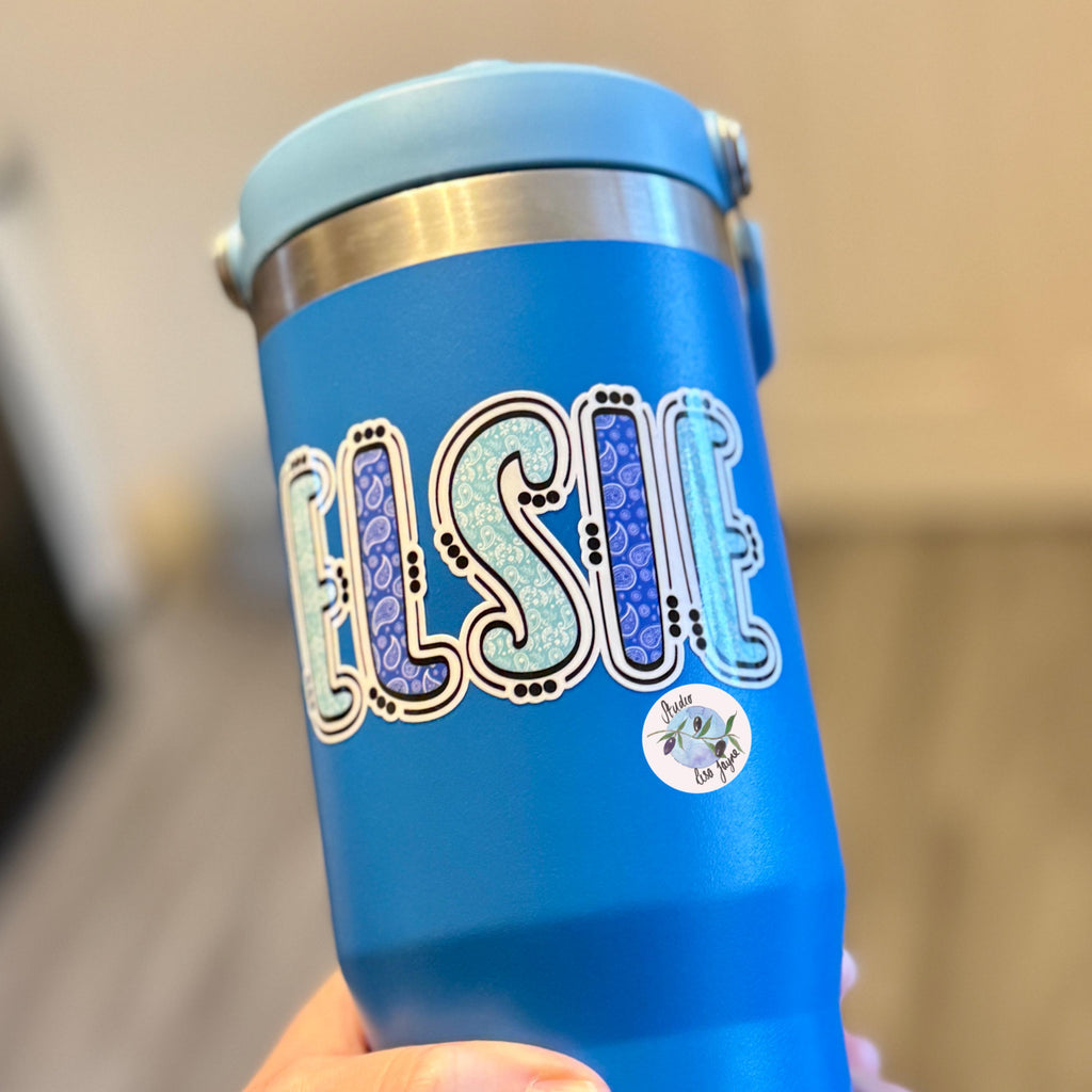 Paisley Pattern Name Sticker Label Kids - a person holding a blue and silver cup